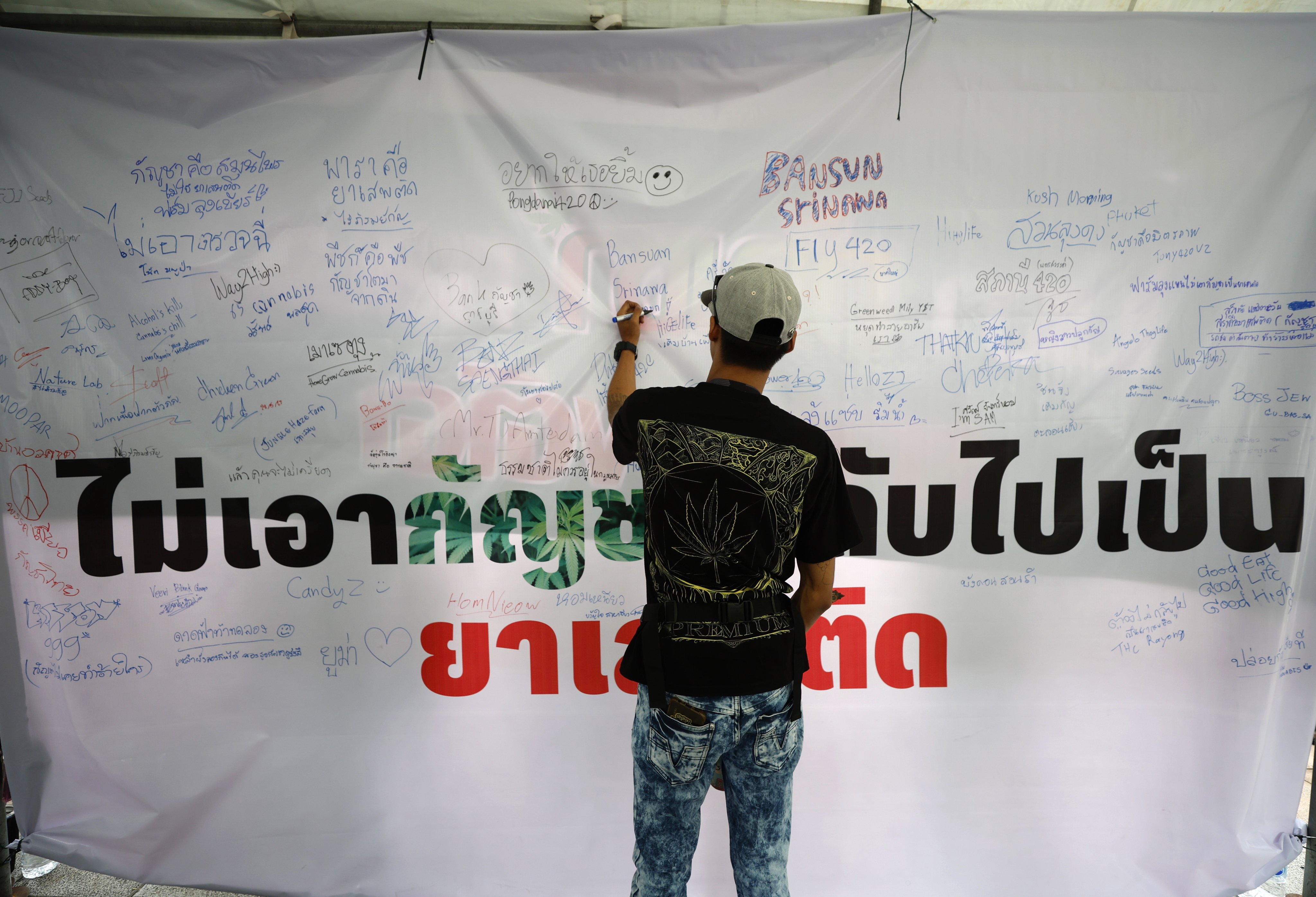 A marijuana enthusiast writes on a sign with a big message reading “Don’t take marijuana back to being a drug”, as they attend a demonstration over government’s plan to recriminalise cannabis, outside the UN Building in Bangkok, Thailand, on May 28.  Photo: EPA-EFE
