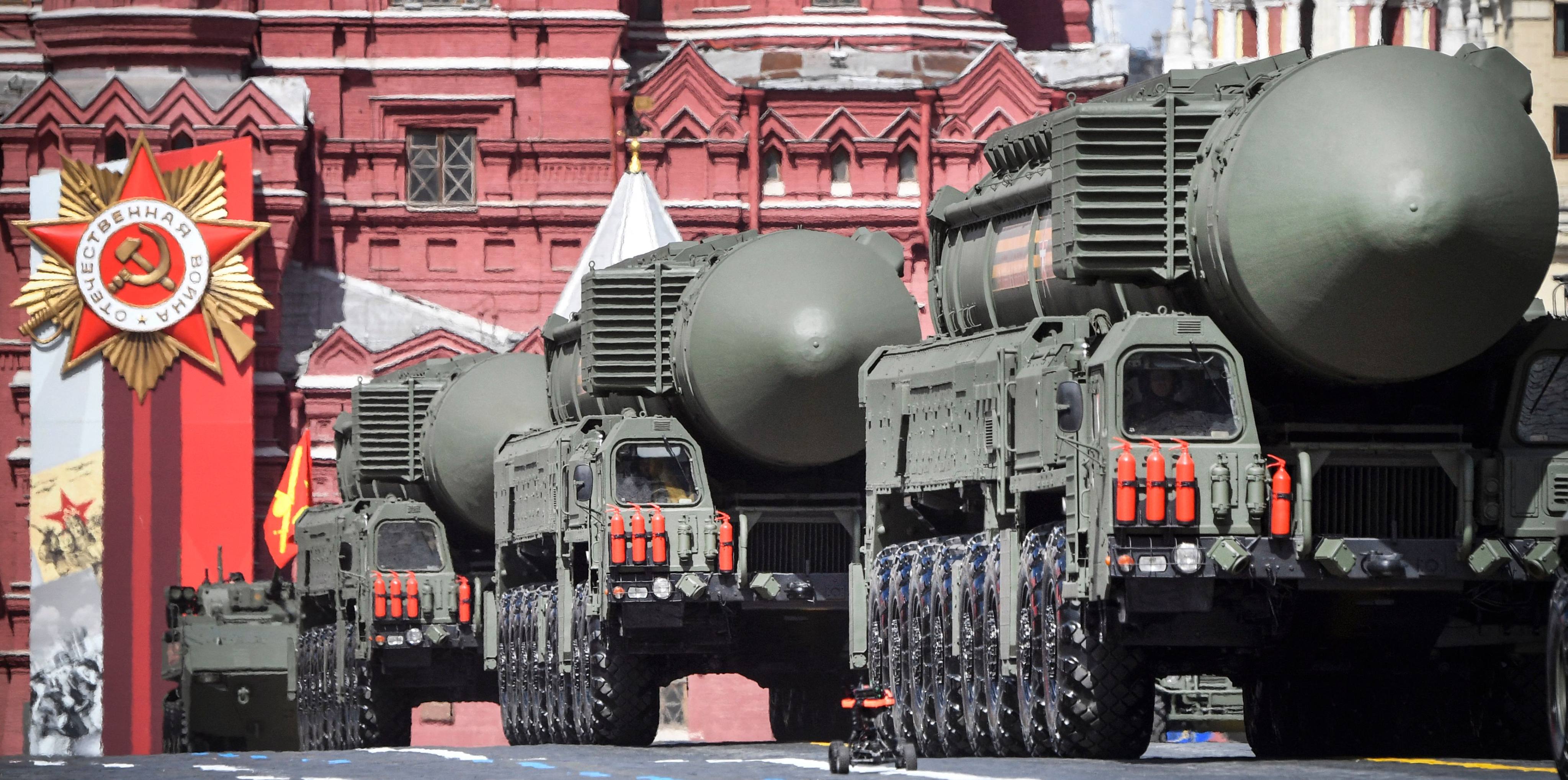 Russian Yars intercontinental ballistic missile launchers parade through Red Square in Moscow in May 2022. Photo: AFP