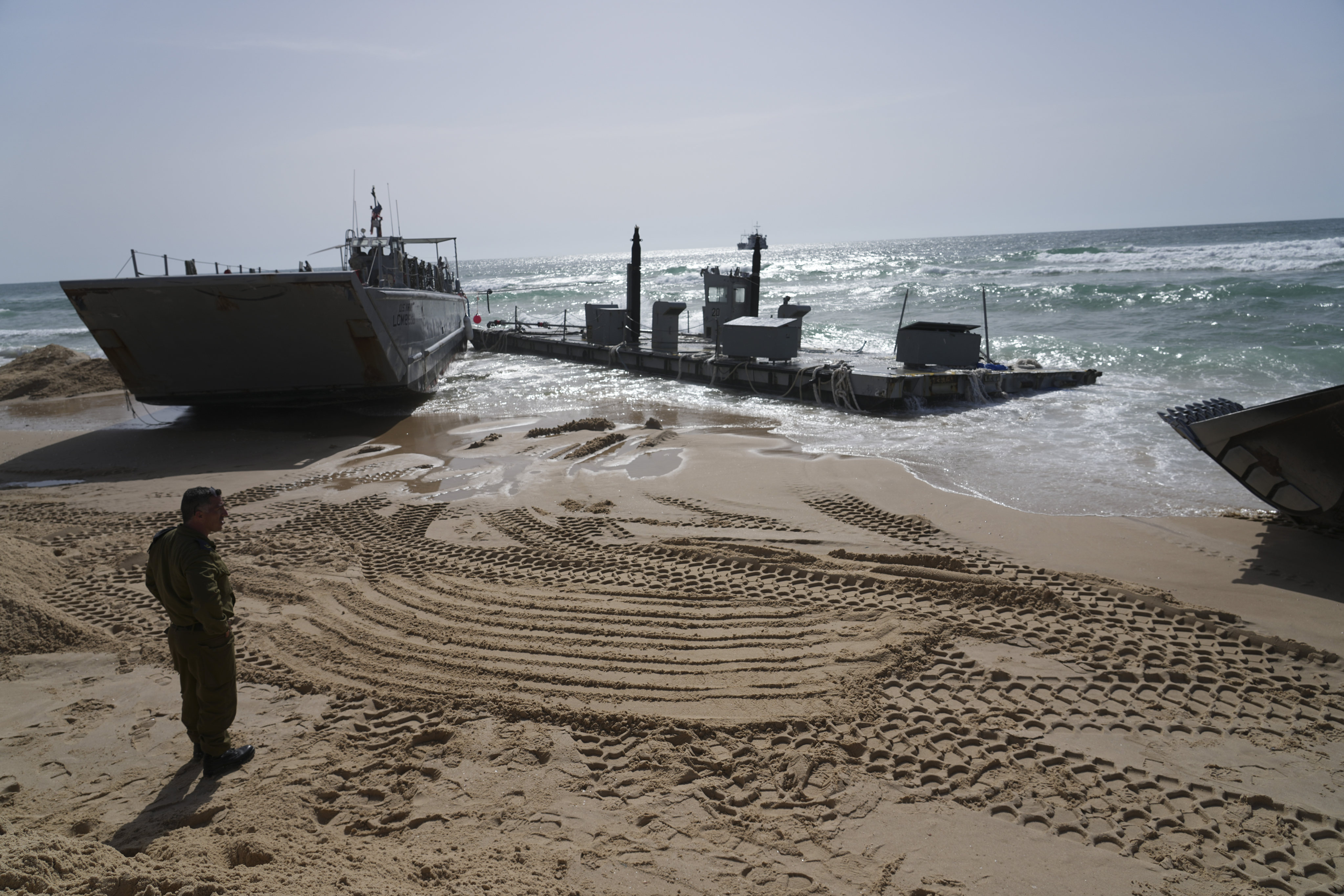 A US Army landing craft is seen beached in Ashdod, on May 26 after being swept by wind and current from the temporary humanitarian pier in the Gaza Strip. Photo: AP