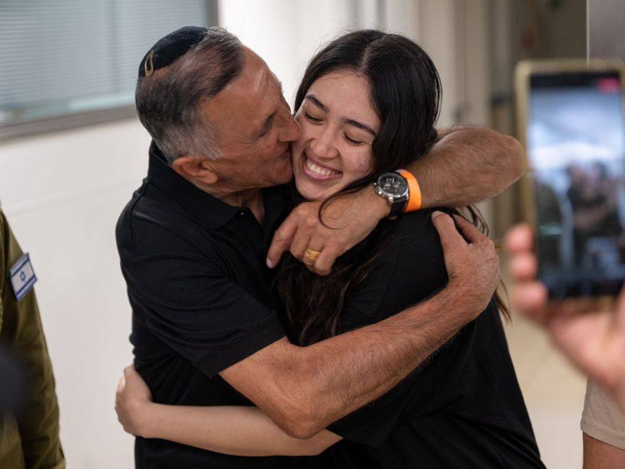 Israeli hostage Noa Argamani, 26, embraces a family member at the Sheba Tel-HaShomer Medical Centre after her rescue from the Gaza Strip on Saturday. Photo: IDF spokesperson’s unit via GPO/dpa