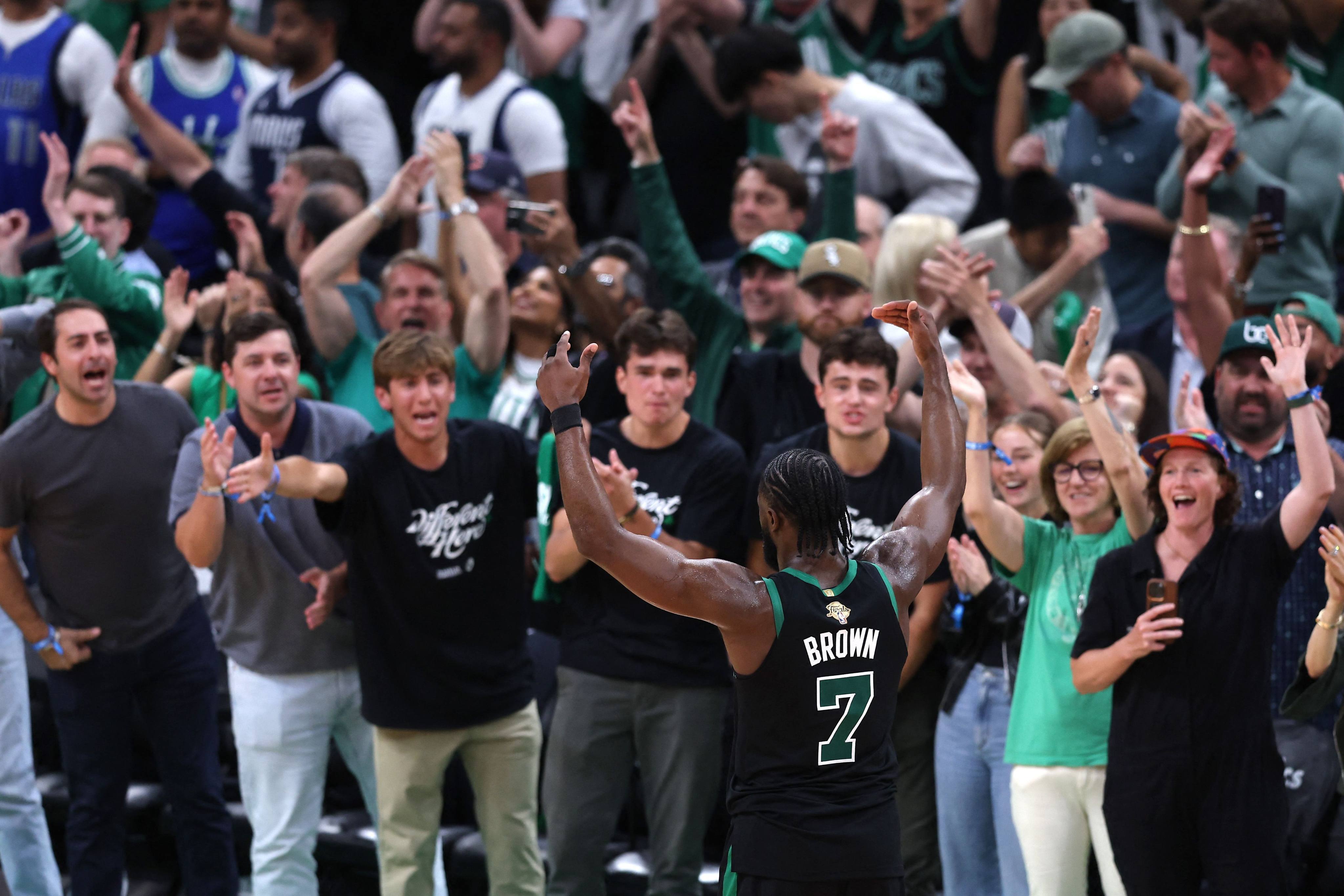 Boston Celtics’ Jaylen Brown celebrates with the home crowd during the NBA Finals’ game two against the Dallas Mavericks. Photo: AFP