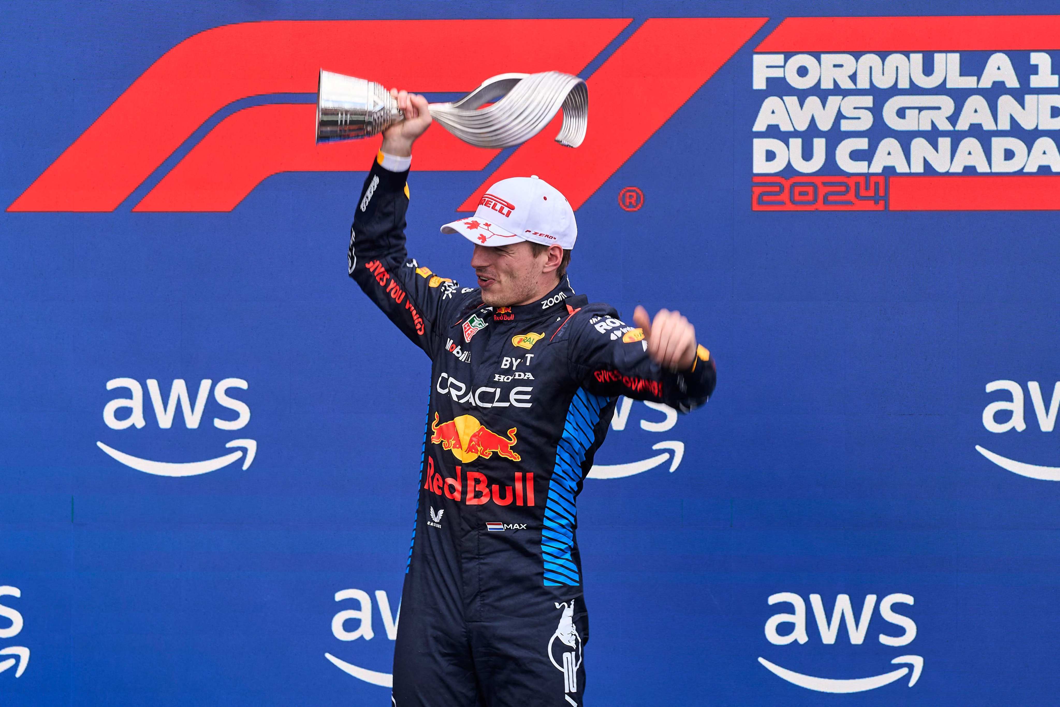 Red Bull’s Max Verstappen celebrates after finish in first place at the Montreal Grand Prix on Sunday. Photo: AFP