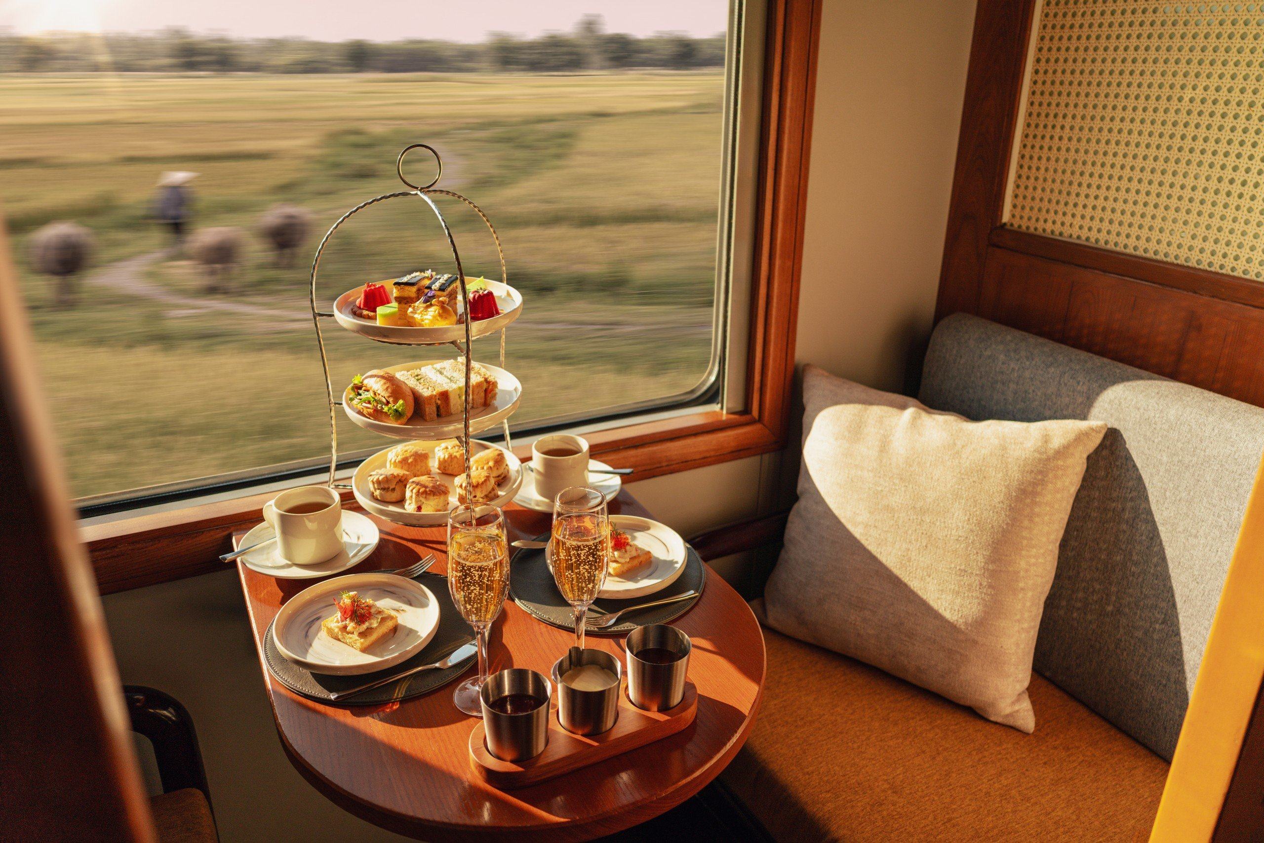Afternoon tea and champagne aboard The Vietage by Anantara. Photo: The Vietage