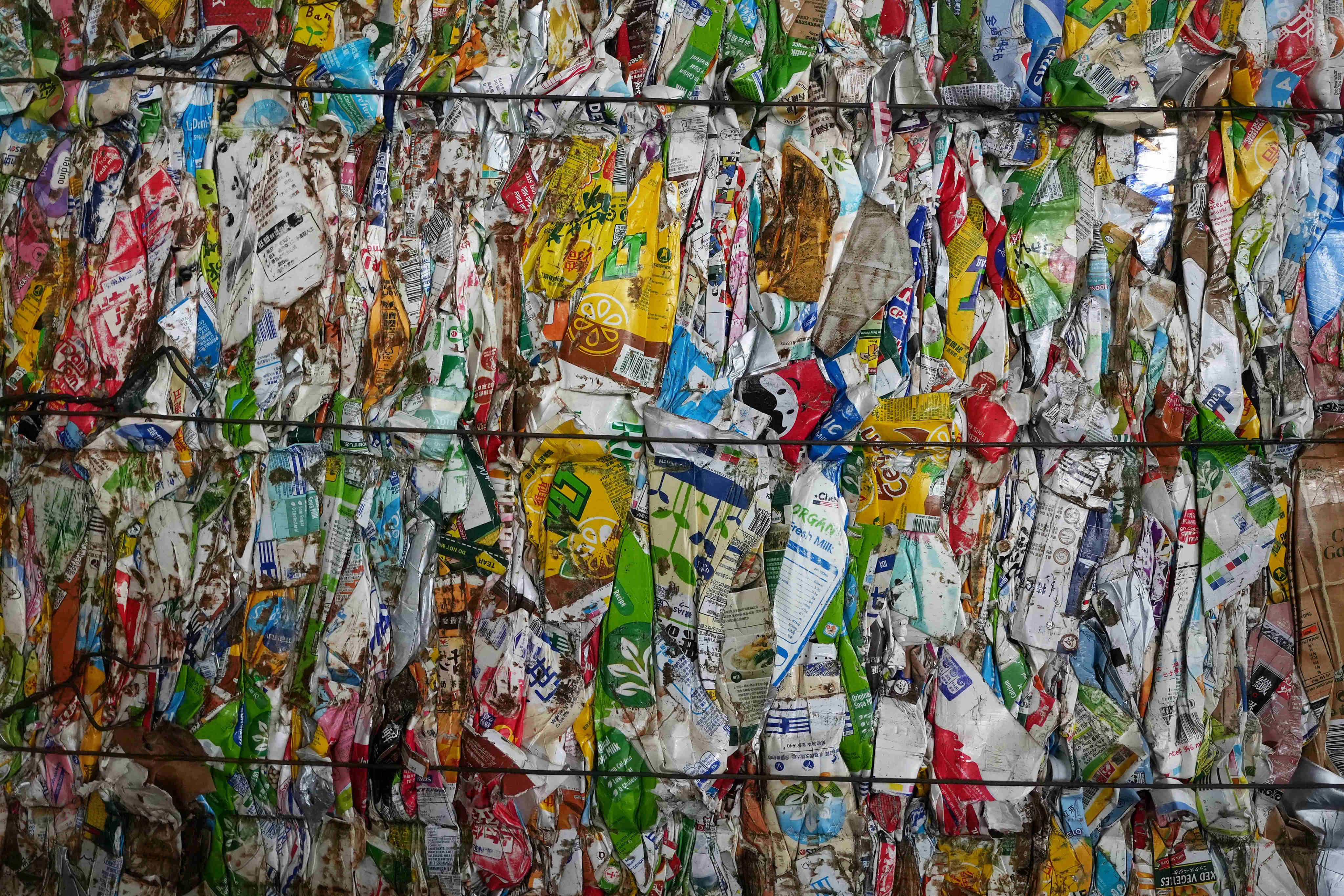 Old drink cartons await recycling at Mil Mill’s new plant in Ping Che, Fanling. Photo: Elson Li