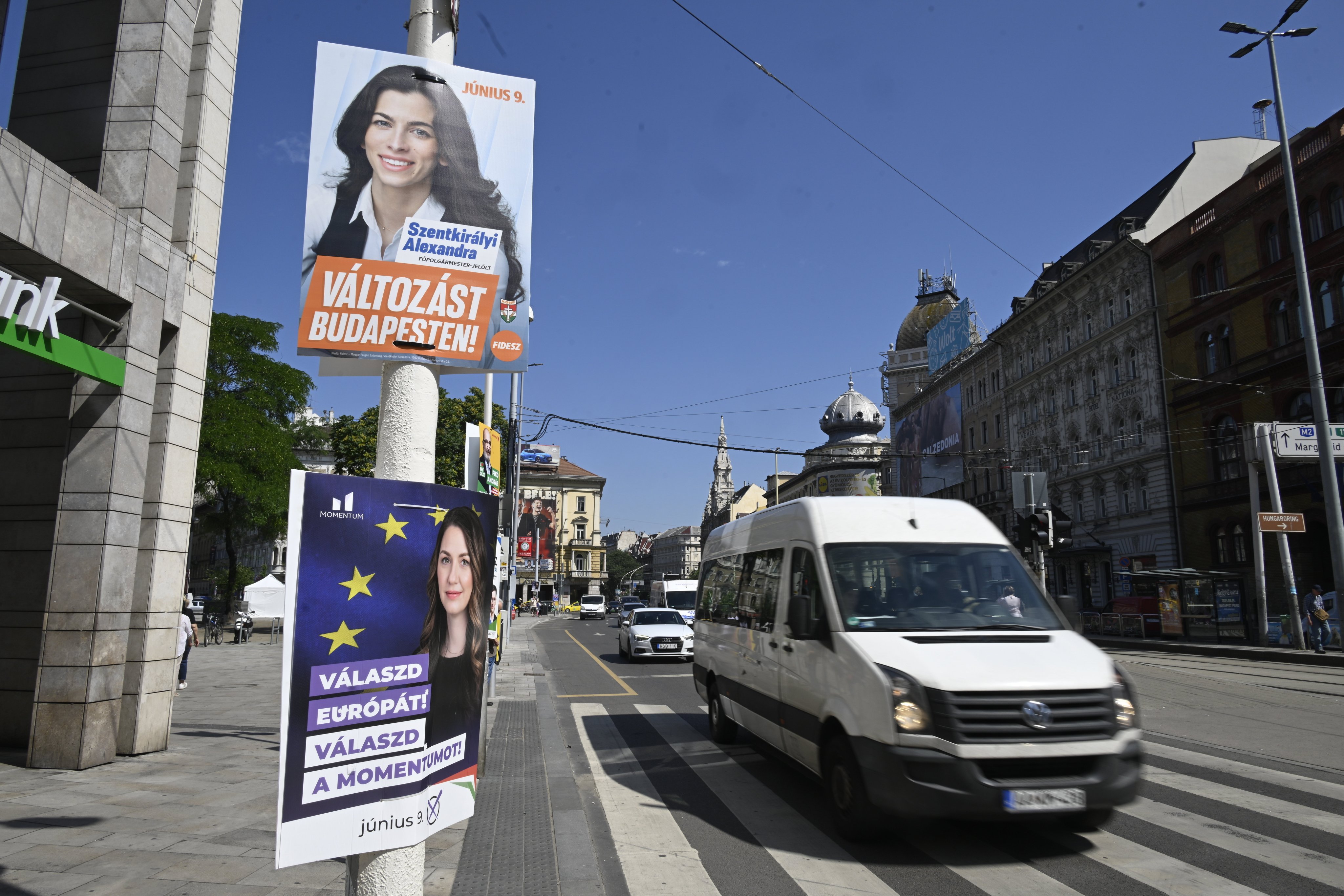 A campaign poster of candidate for the mayor of Budapest of ruling coalition of Fidesz, Alexandra Szentkiralyi (top) and EP list leader of oppositional Momentum party Anna Donath, in downtown Budapest. Szentkiralyi, Orban’s pick to become the mayor of Budapest, abruptly withdrew from the race on Friday. Photo: EPA-EFE