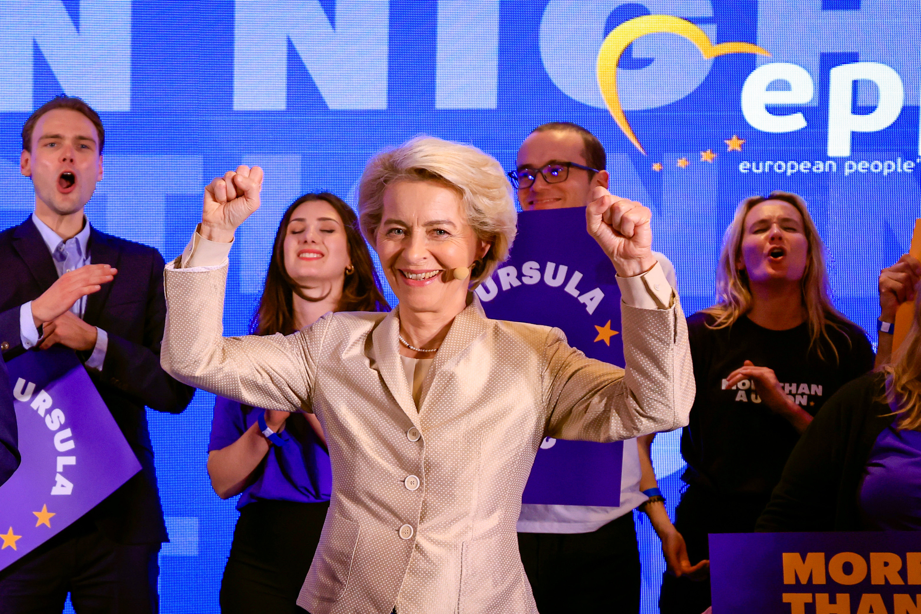 European Commission President Ursula von der Leyen celebrates at the European People’s Party headquarters in Brussels on Sunday. Photo: AP