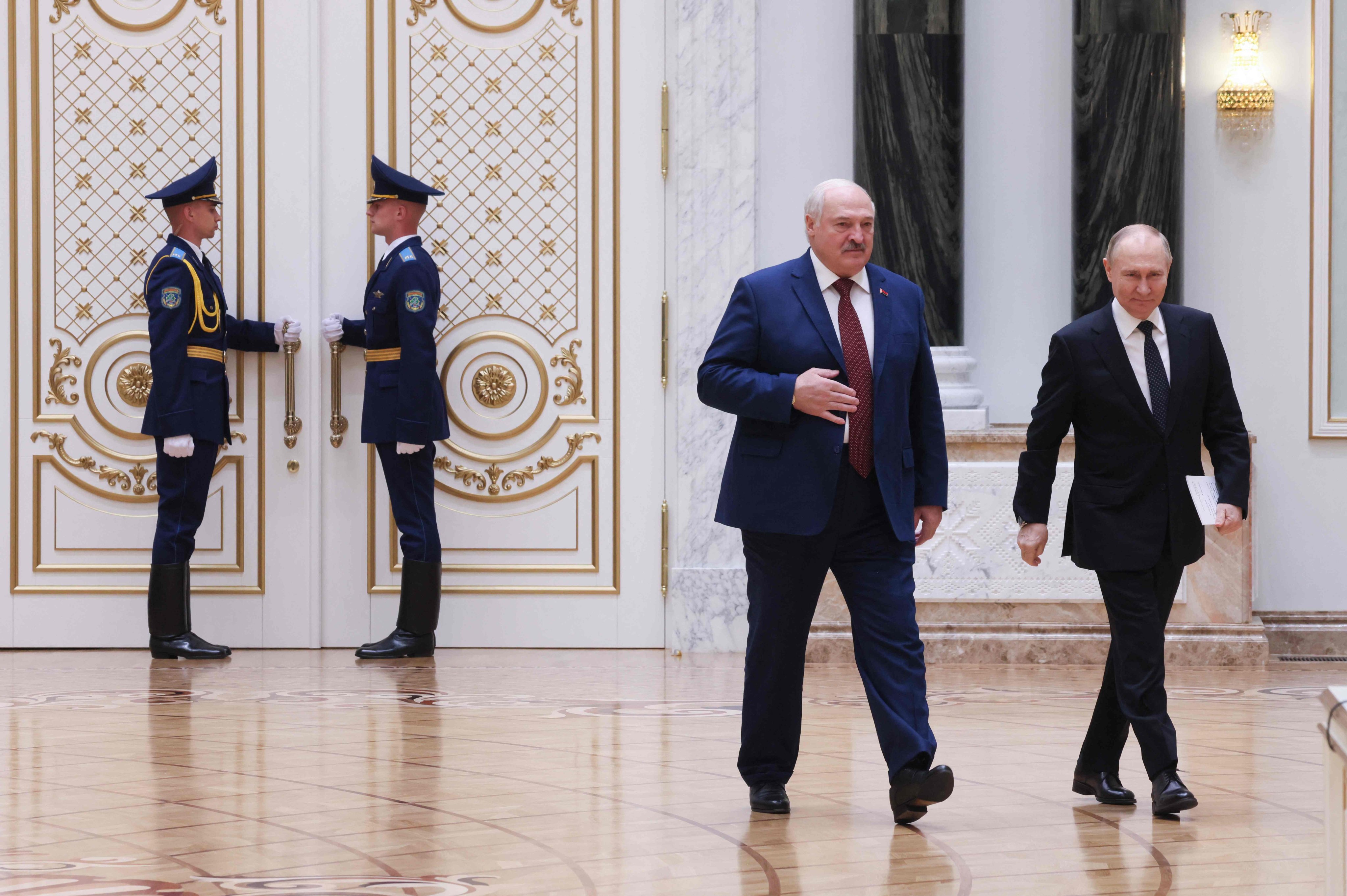 Russia’s President Vladimir Putin (right) and Belarusian President Alexander Lukashenko at the Independence Palace in Minsk on May 24. Photo: AFP