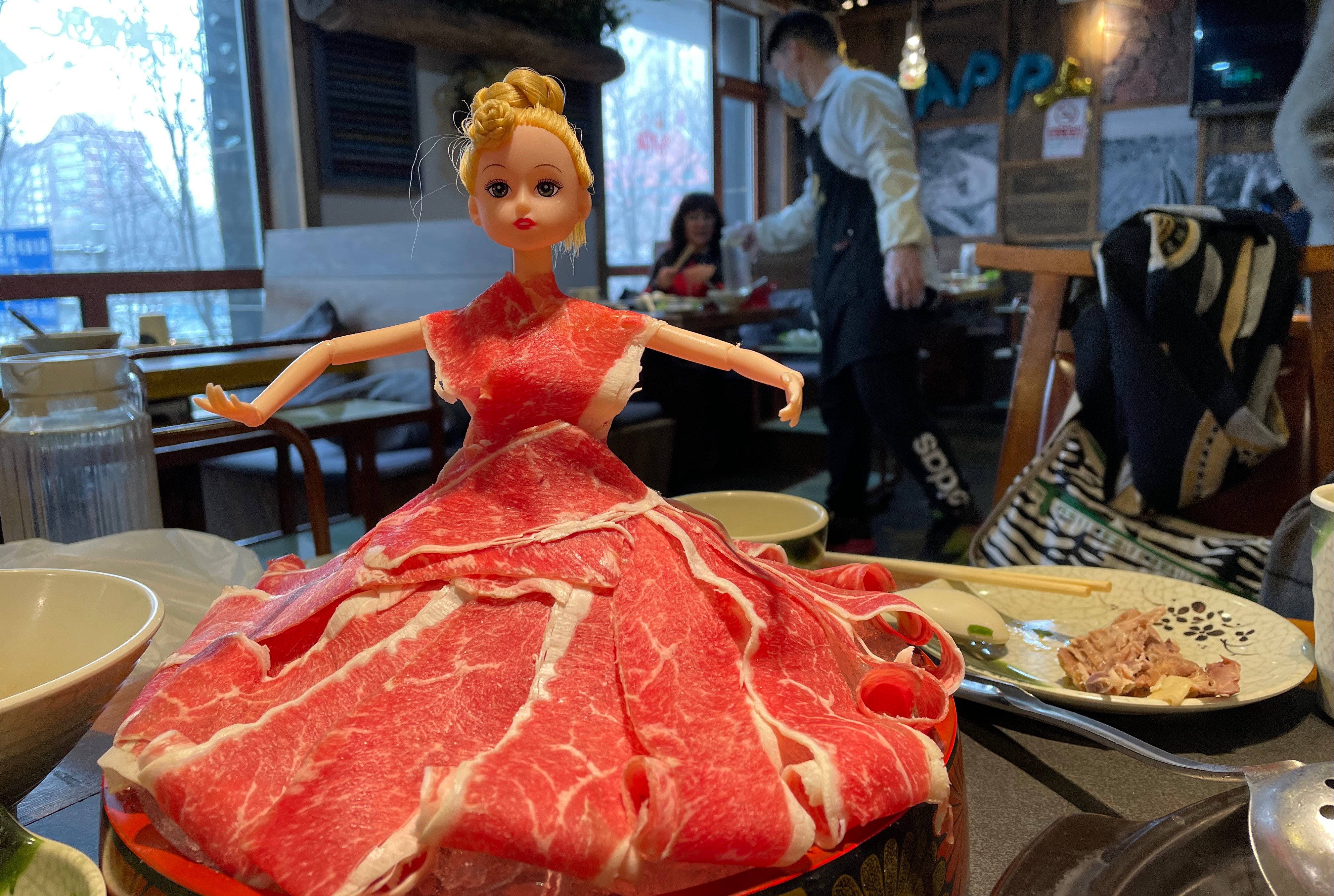 Beef slices form a doll’s dress at a hotpot restaurant in Beijing. Photo: Simon Song