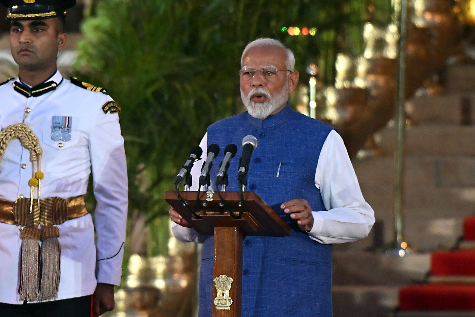 Indian Prime Minister Narendra Modi speaks at his swearing-in ceremony on Sunday. On the same day, unidentified militants opened fire on a bus carrying Hindu pilgrims in Indian-administered Kashmir, killing nine. Photo: Bloomberg
