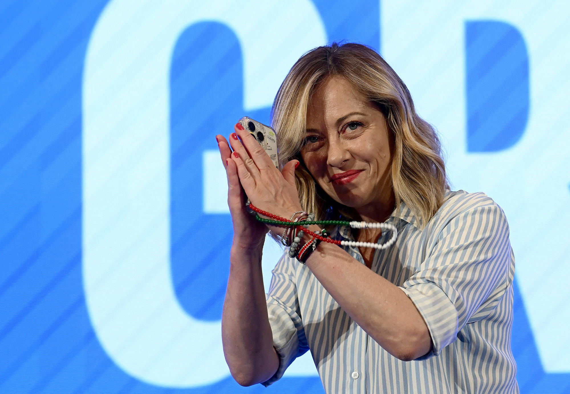 Italy’s Prime Minister Giorgia Meloni after triumphing in Italy’s EU election. Photo: AFP