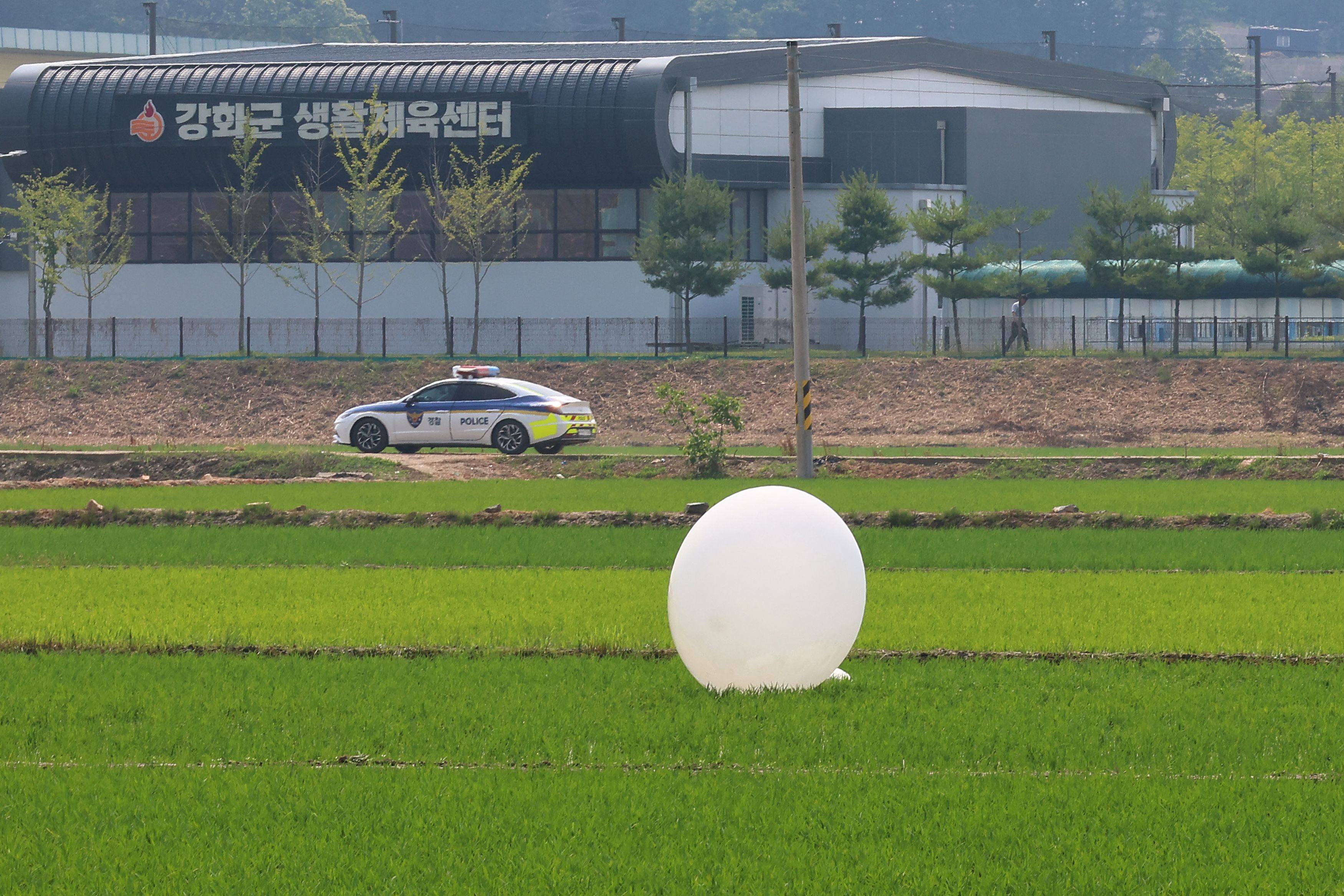 A police car drives past a balloon after it lands in a rice field in Ganghwa county, in the city of Incheon, South Korea, on June 10. North Korea has sent more 1,000 trash-carrying balloons over the border. Photo: AFP