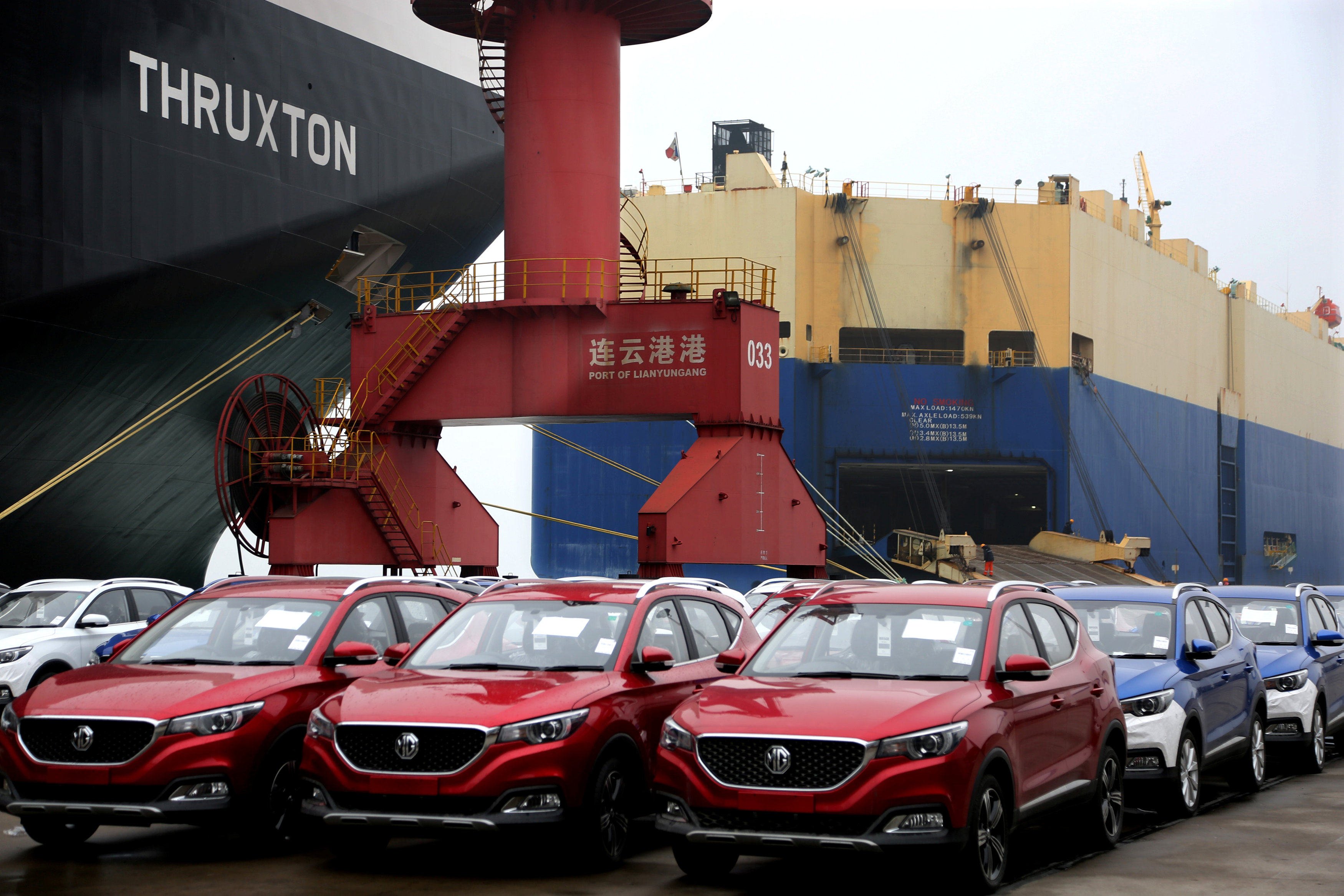 MG cars for export wait to be loaded onto a cargo vessel at a port in Lianyungang, Jiangsu province. Photo: Reuters