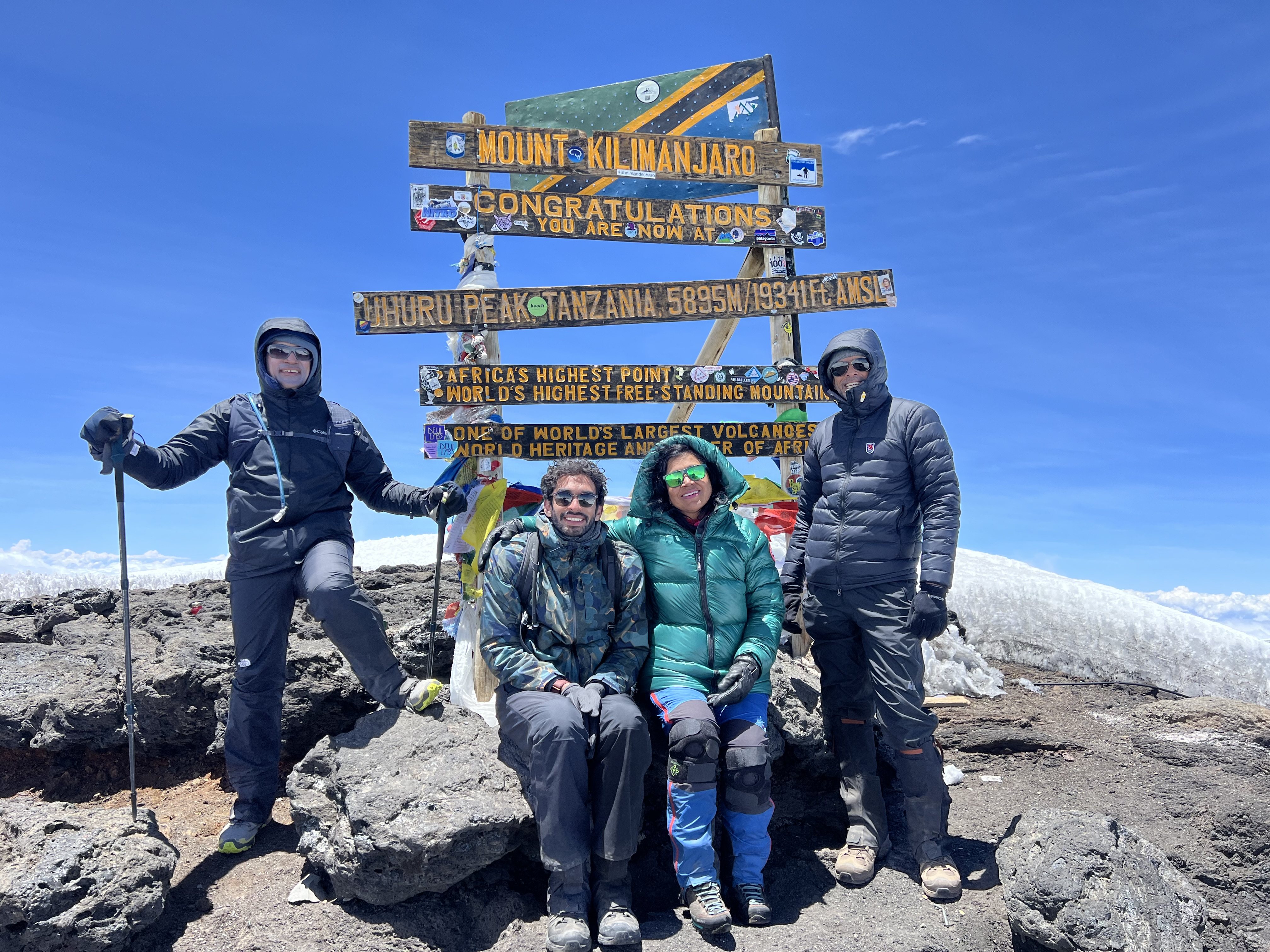 (From left) Hozefa Topiwalla, 52, Seshu Krishna Anne’s son Sagar, 27, Jaya Kumra, 52, and Seshu Krishna Anne, 54, at the summit of Mount Kilimanjaro in East Africa, the world’s highest free-standing mountain. Photo: Jaya Kumra