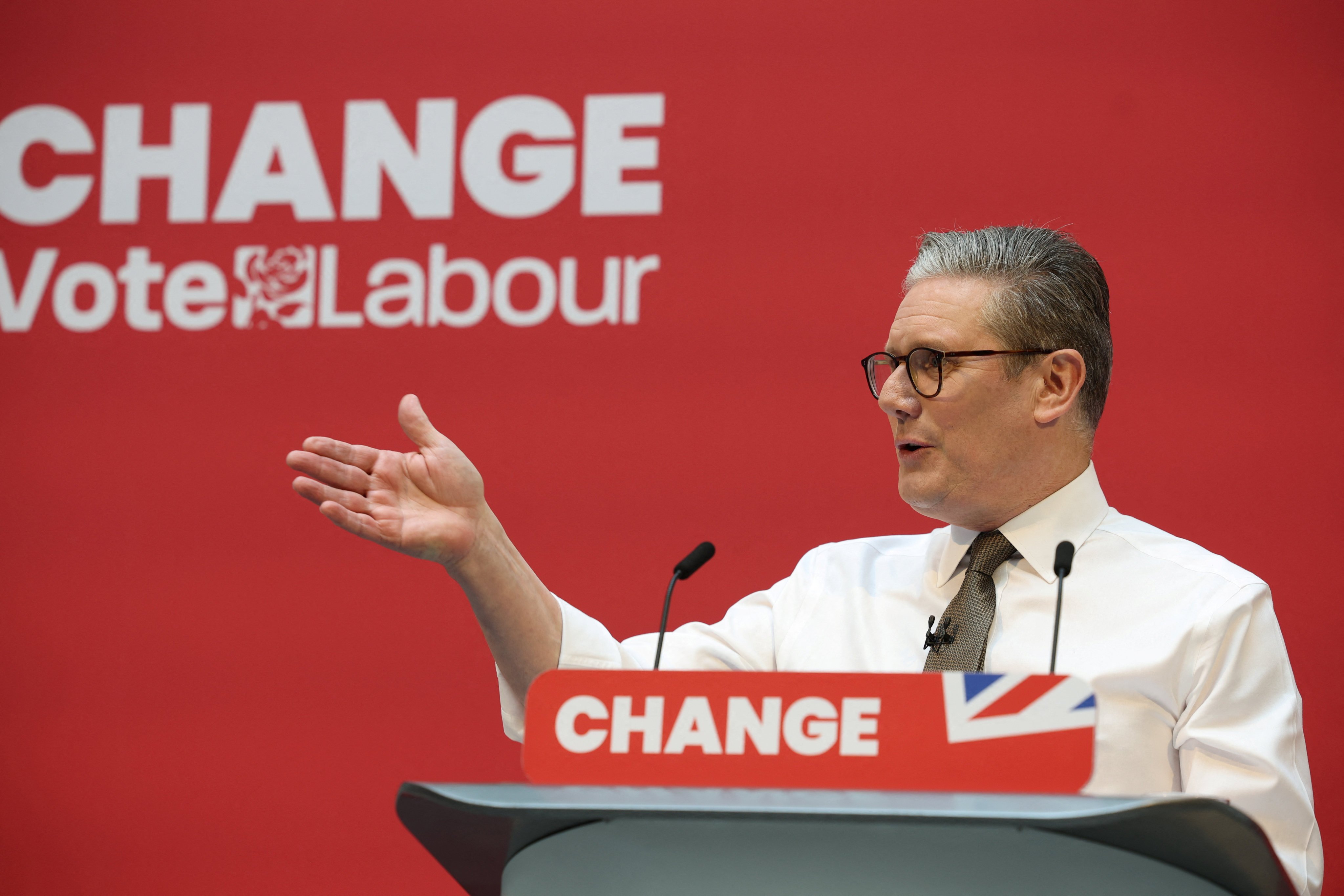 British opposition Labour Party leader Keir Starmer speaks at the launch of the Labour Party’s manifesto, in Manchester on Thursday. Photo: Reuters