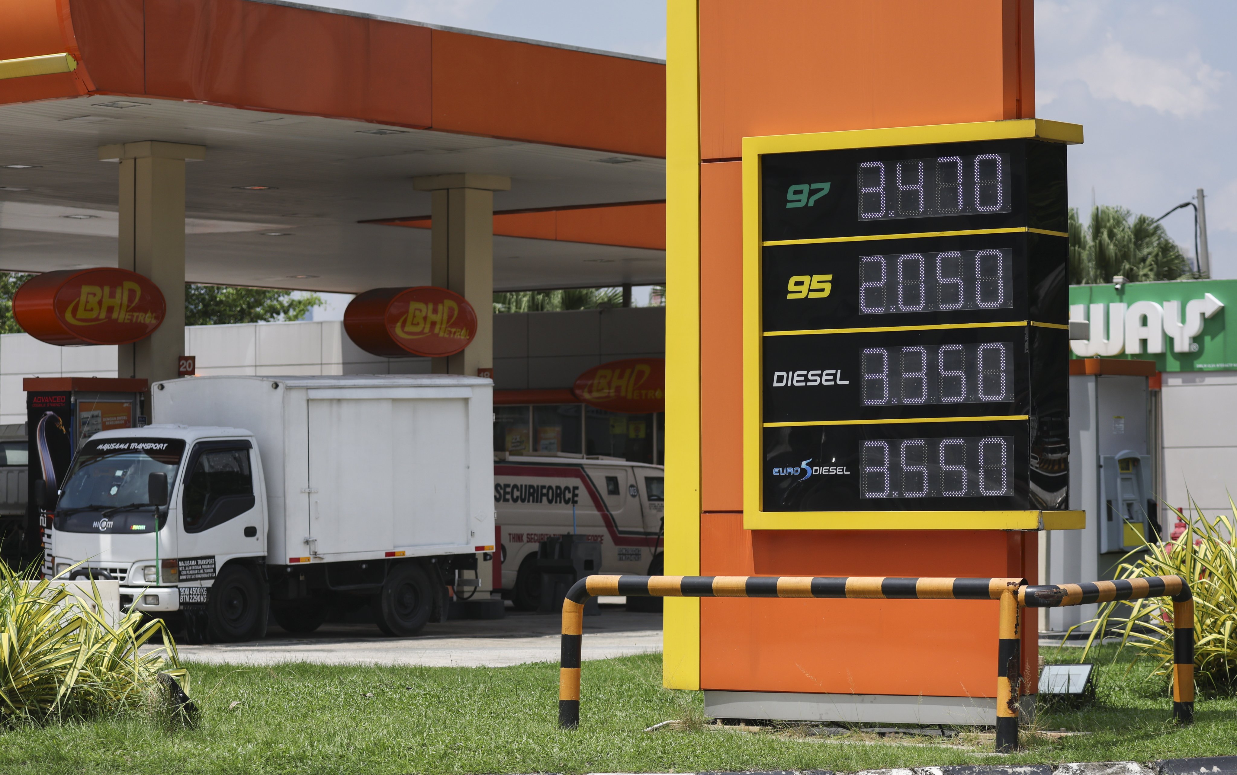 The latest diesel price is seen at a filling station in Kuala Lumpur, Malaysia, on Monday. Photo: EPA-EFE