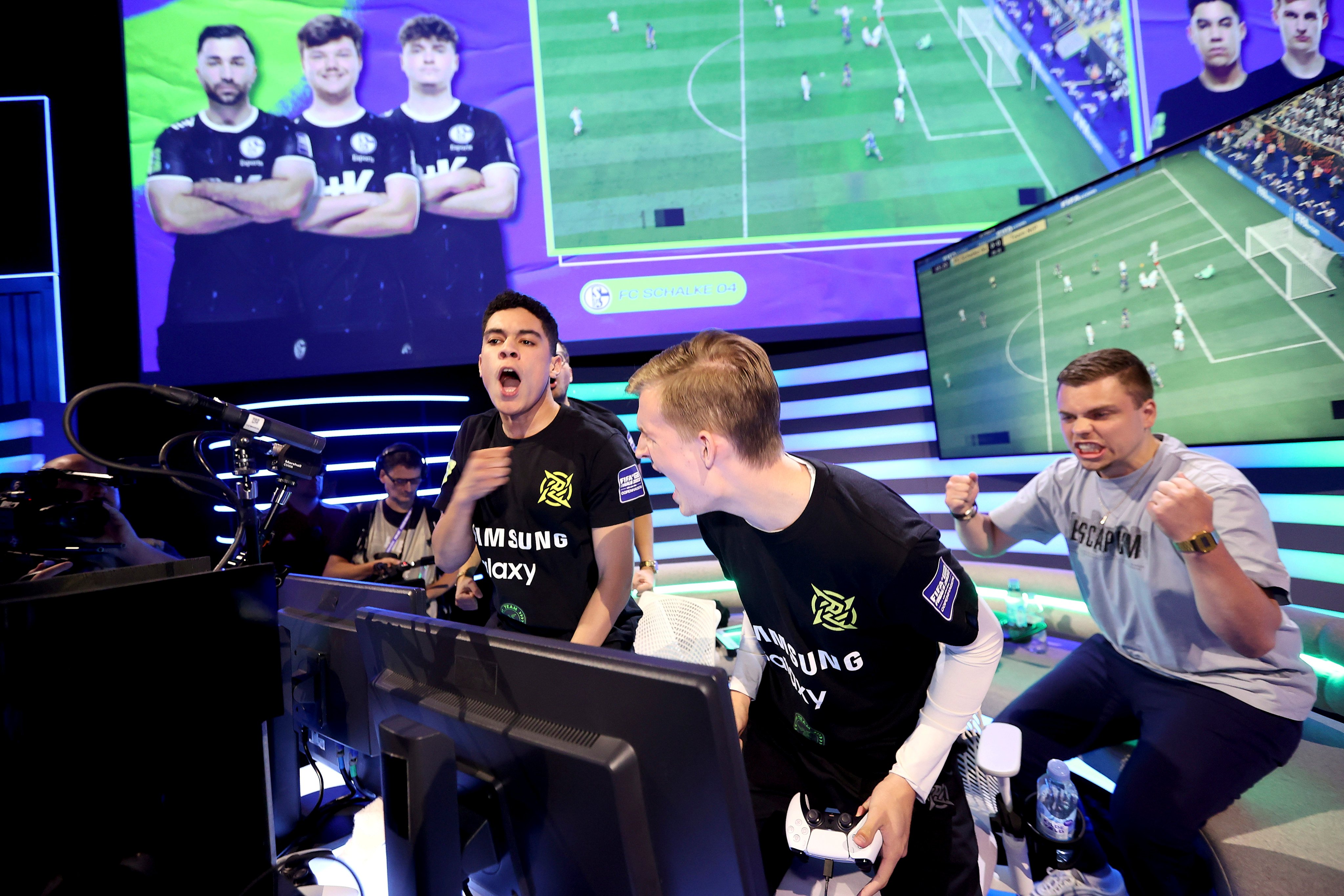 Ninjas in Pyjamas’ Olle Arbin and Levi Lorenzo de Weerd celebrate during the knockout match between the Swedish team and Germany’s FC Schalke 04 as part of the FIFAe Club World Cup on July 22, 2022, in Copenhagen, Denmark. Photo: Getty Images