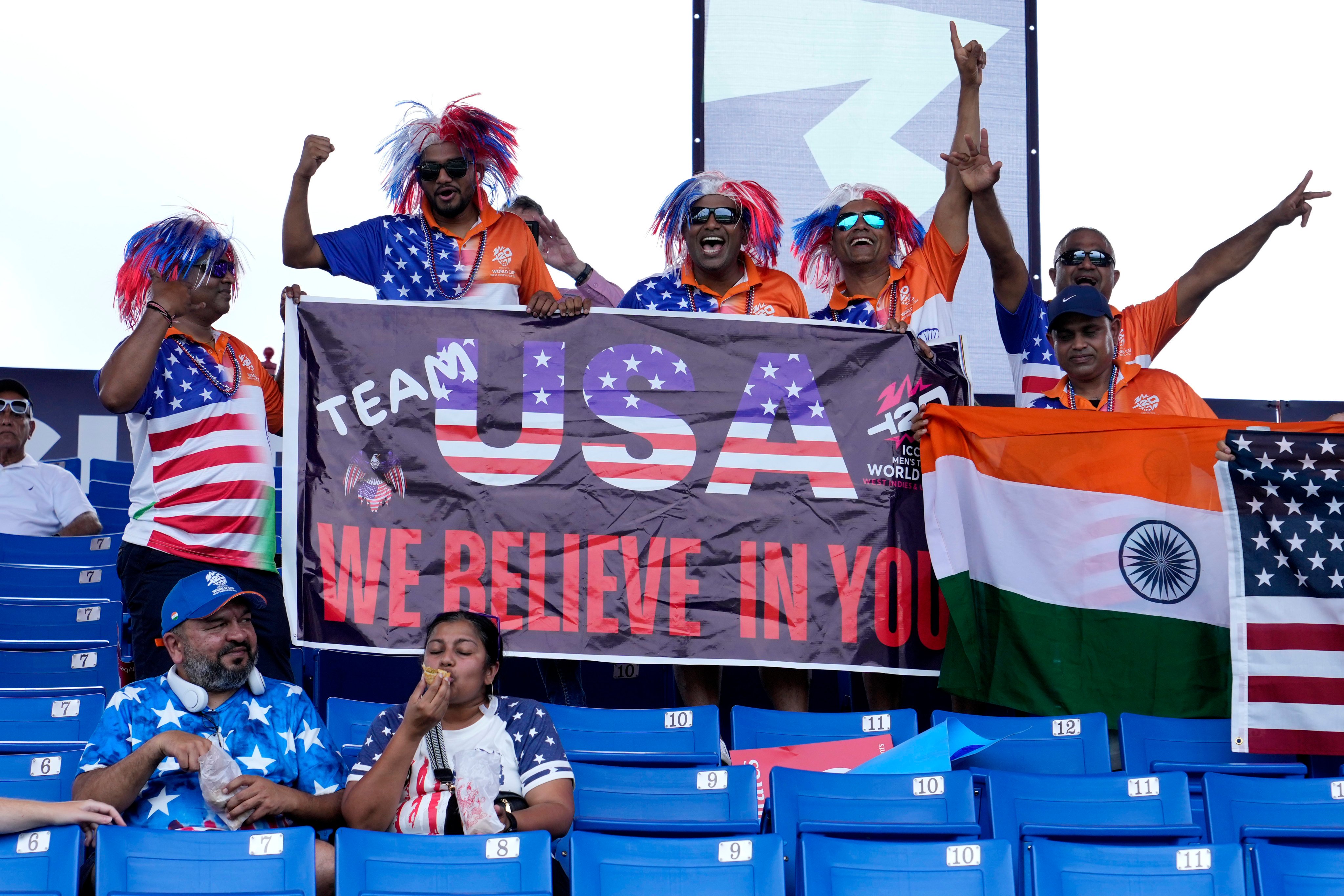 Fans of the US team before their match against Ireland in Lauderhill, Florida on Friday was was abandoned due to rain, enabling them to qualify for the knockout round. Photo: AP