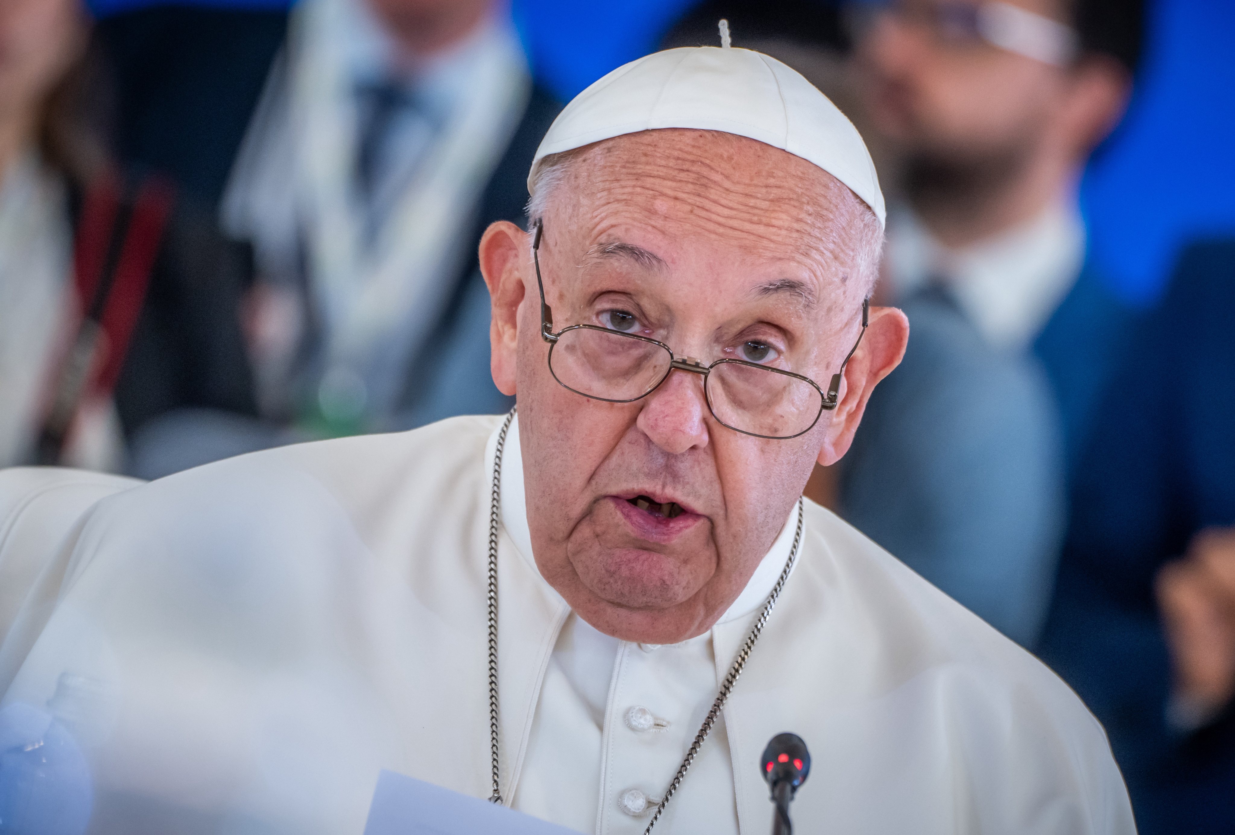 Pope Francis speaks during the G7 leaders’ summit at the Borgo Egnazia resort in Italy on Friday. Photo: dpa