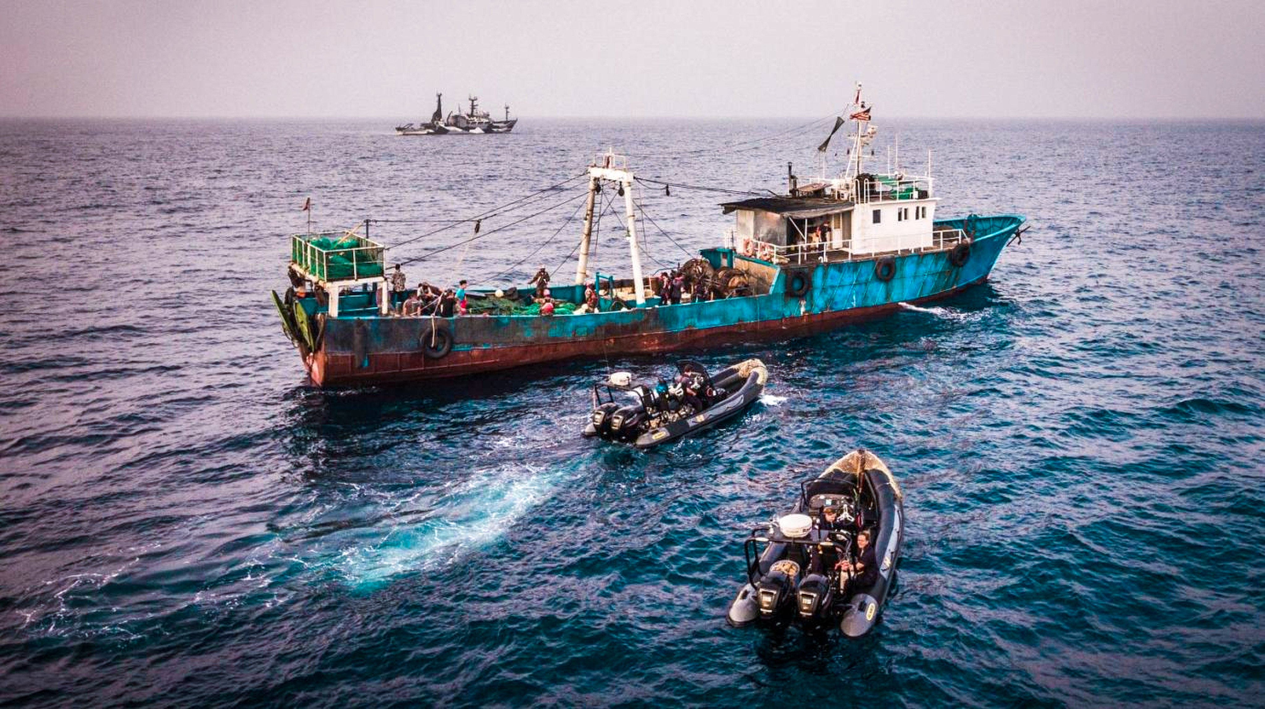 A Chinese-flagged vessel is stopped by coastguards of the coast of Liberia on suspicion of illegal fishing. Photo: Sea Shepherd