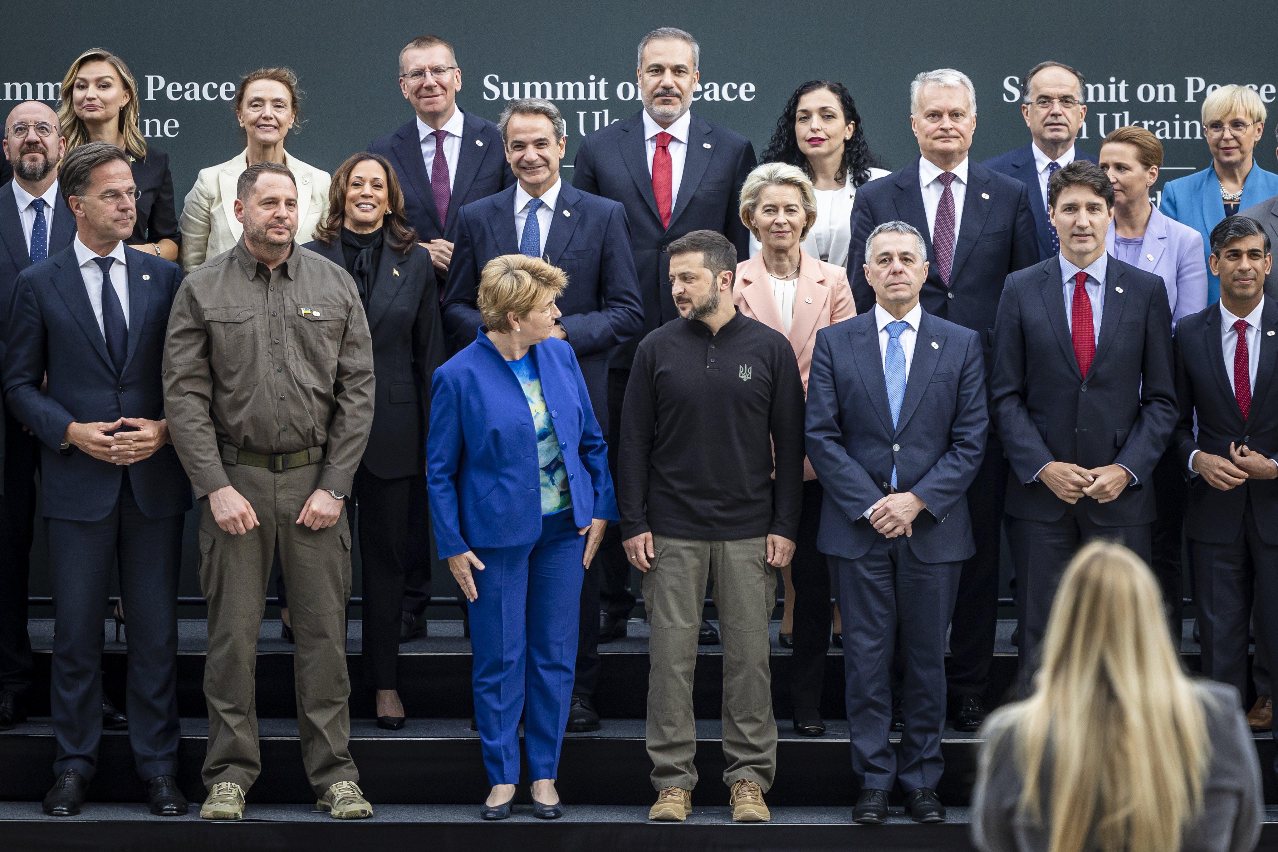 Ukrainian President Volodymyr Zelensky turns to Swiss Federal President Viola Amherd during a photo call for leaders at the Summit on Peace in Ukraine, in Stansstad near Lucerne, Switzerland, on June 15. Photo: EPA-EFE