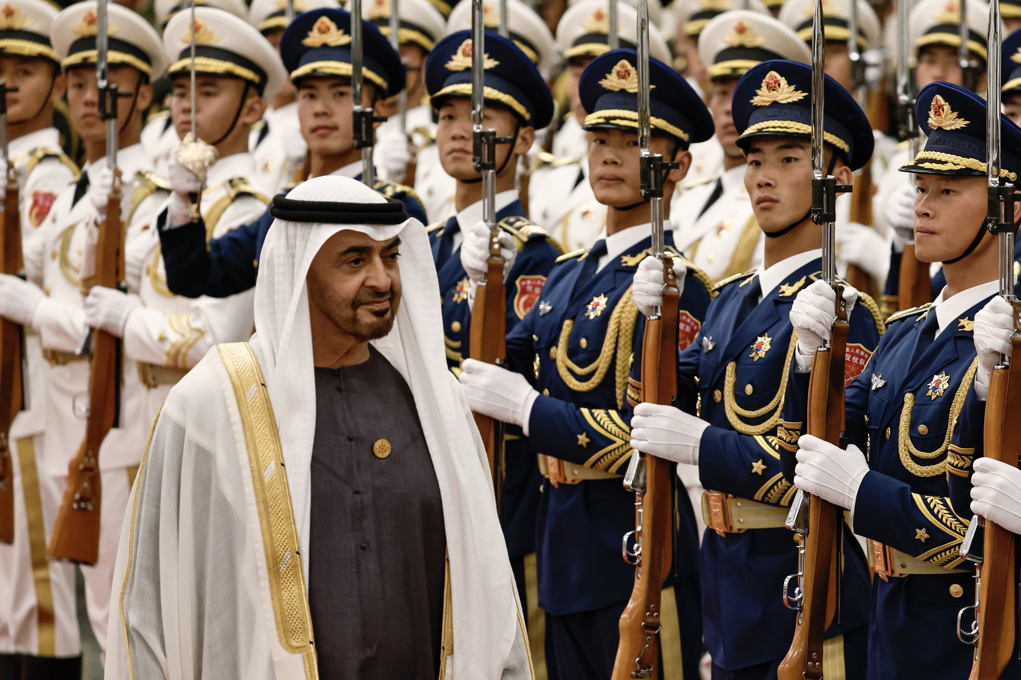 UAE President Sheikh Mohammed bin Zayed Al Nahyan reviews the honour guard during a welcome ceremony at the Great Hall of the People in Beijing on May 30. Photo: EPA-EFE