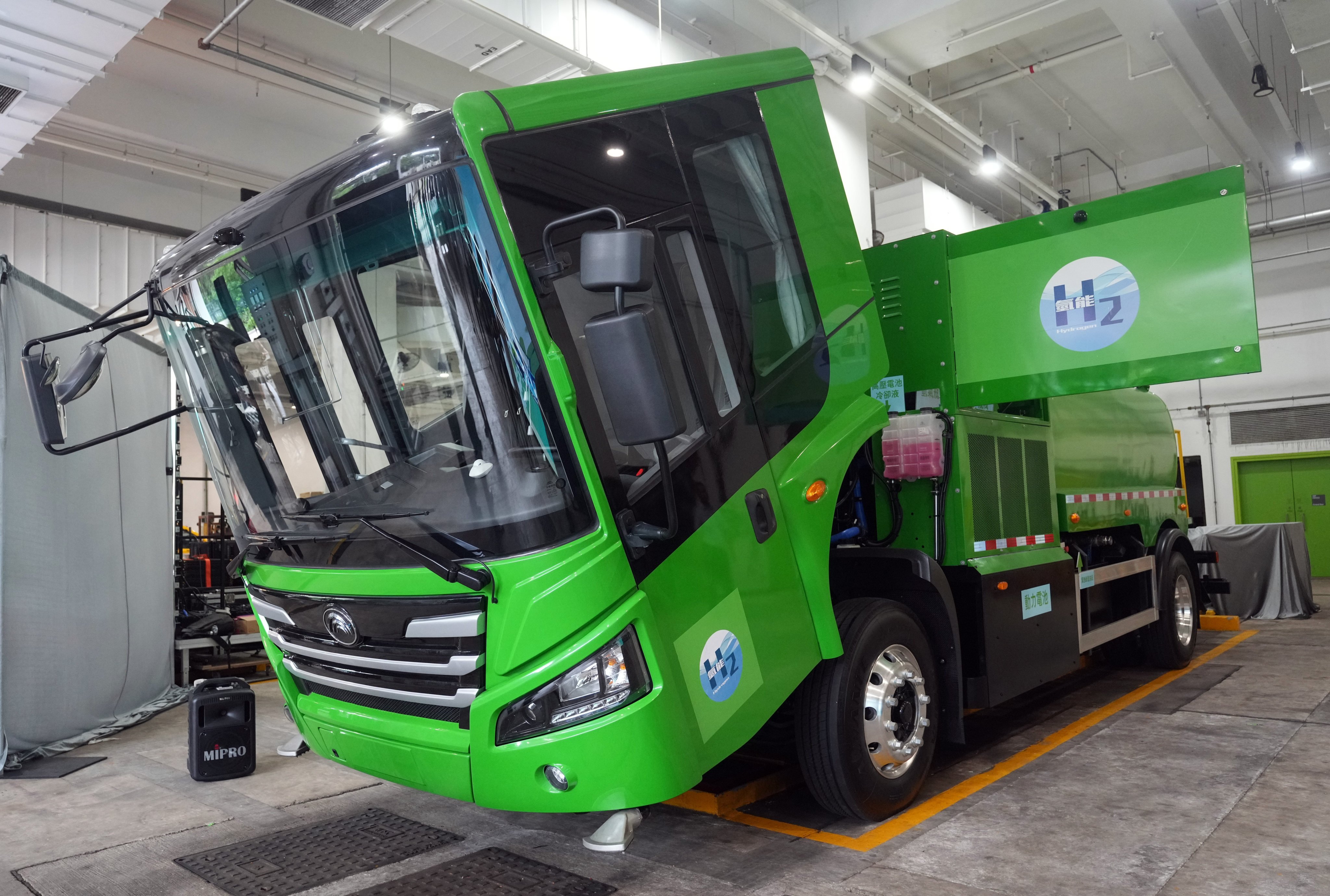 A hydrogen-powered street washing vehicle is displayed by the Food and Environmental Hygiene Department at its depot in Cheung Sha Wan. Photo: Sam Tsang