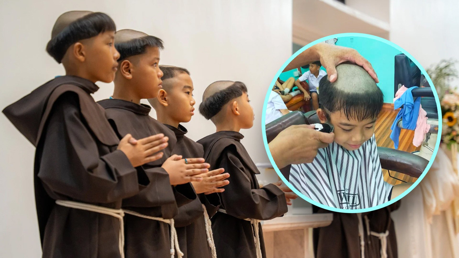 A Catholic church in Thailand faced criticism for providing students with “embarrassing” haircuts resembling those of 4th-century friar tuck monks. Photo: SCMP composite/Facebook