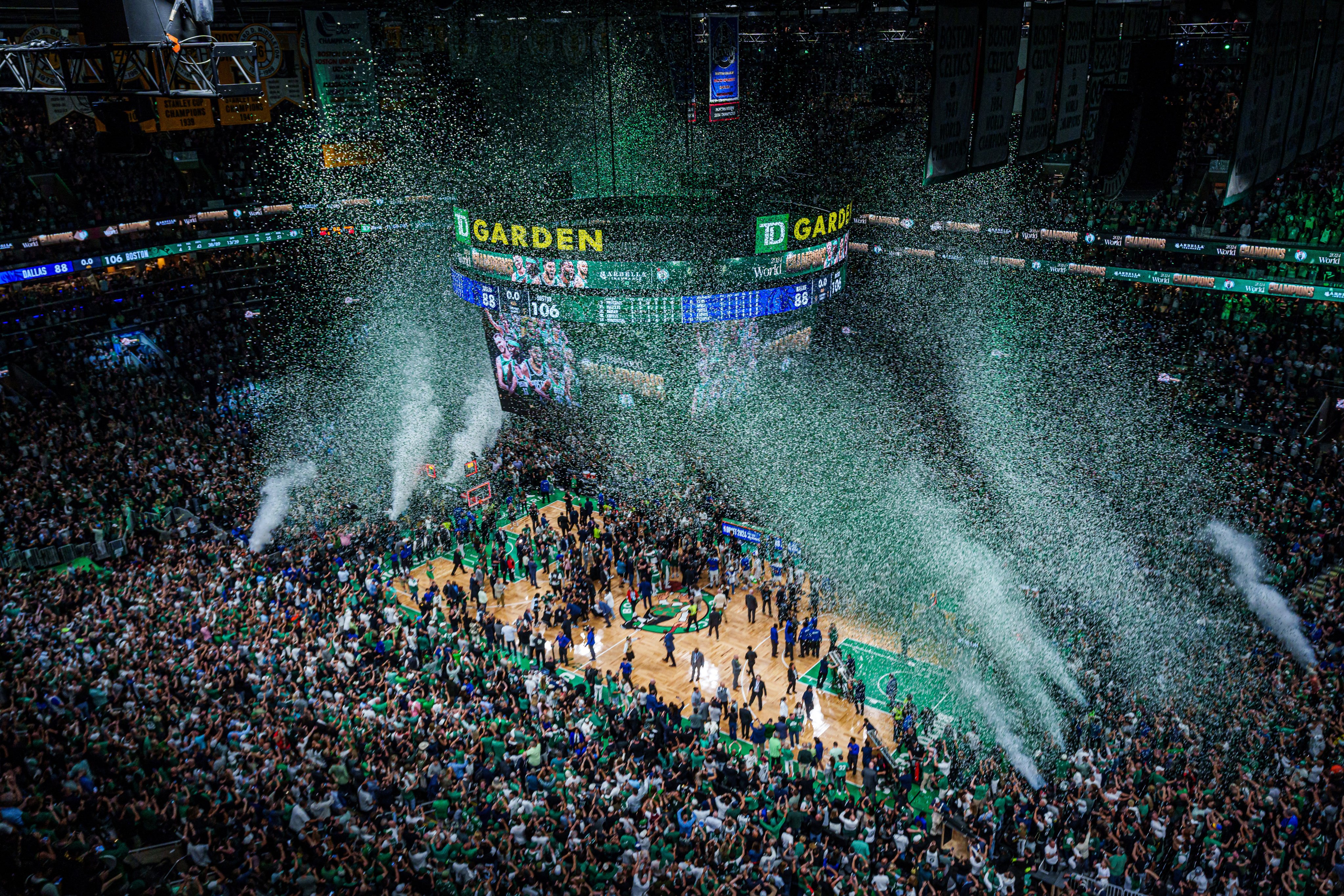 The Boston Celtics celebrate beating the Dallas Mavericks in Game 5 to win the 2024 NBA Finals. Photo: USA TODAY Sports