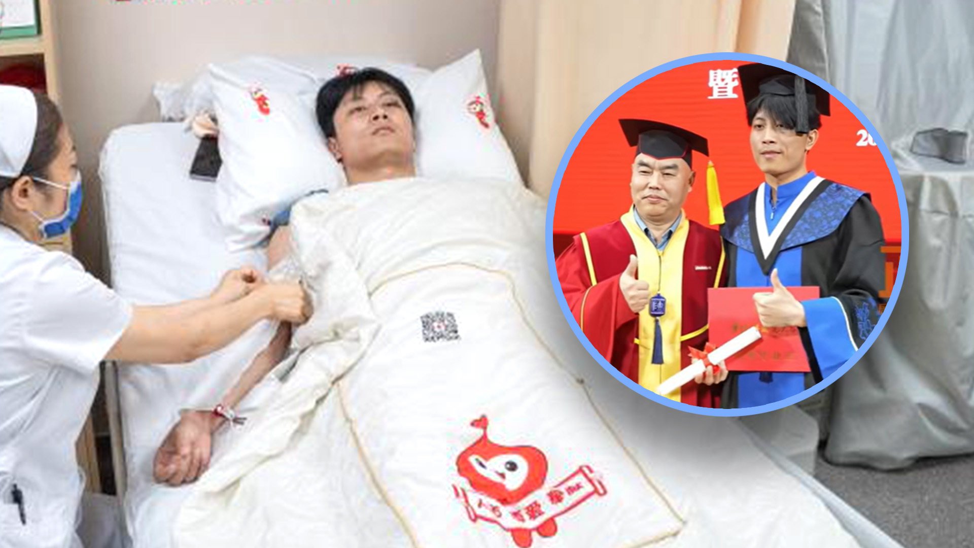 A life-saving university student in China has been given a special lone graduation ceremony because he missed the official event due to the fact that he was donating stem cells. Photo: SCMP composite/Douyin/jcu.edu.cn