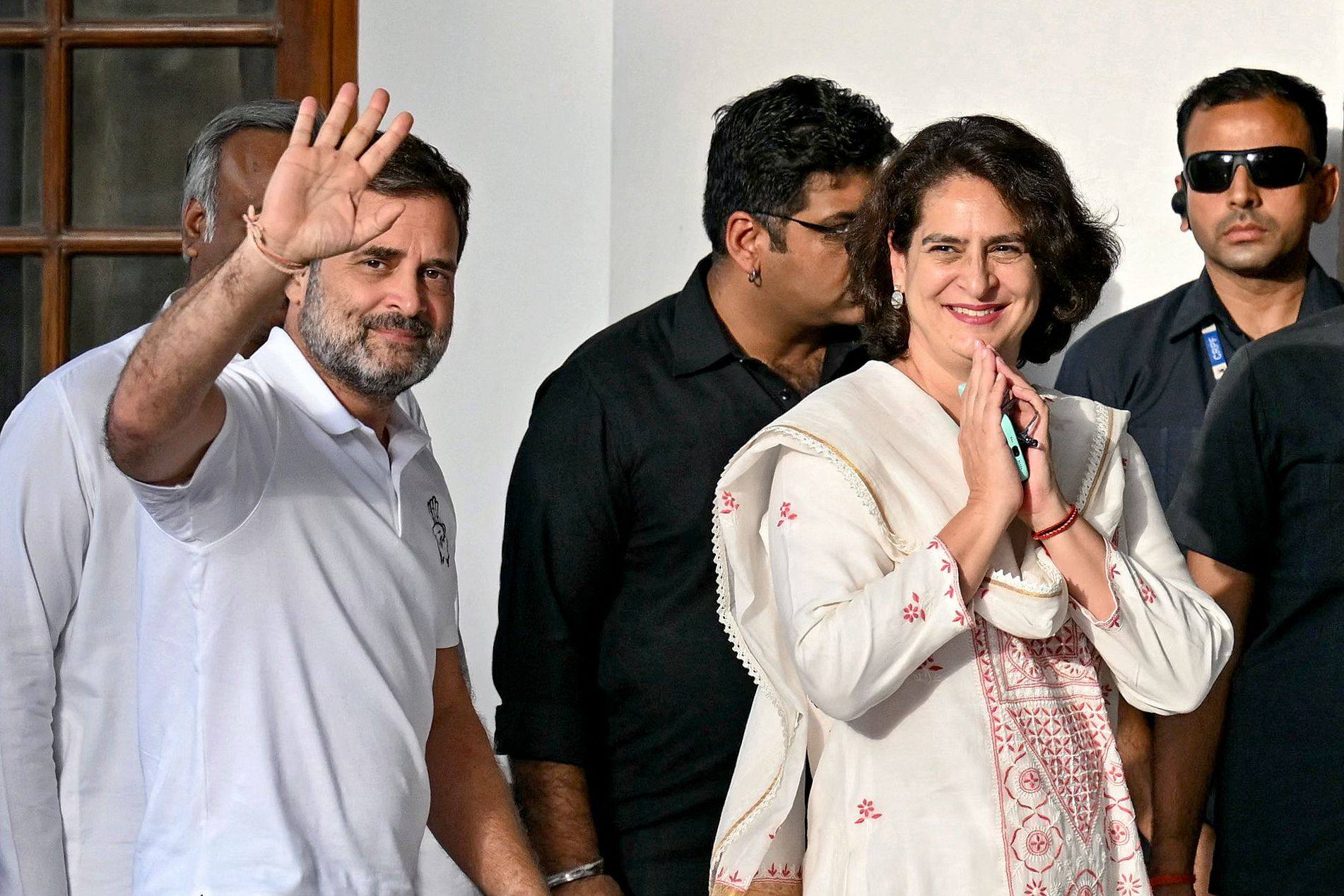Congress party leaders Rahul Gandhi (left) and his sister Priyanka Gandhi Vadra (second from right) arrive for a meeting in New Delhi on June 5. Photo: AFP