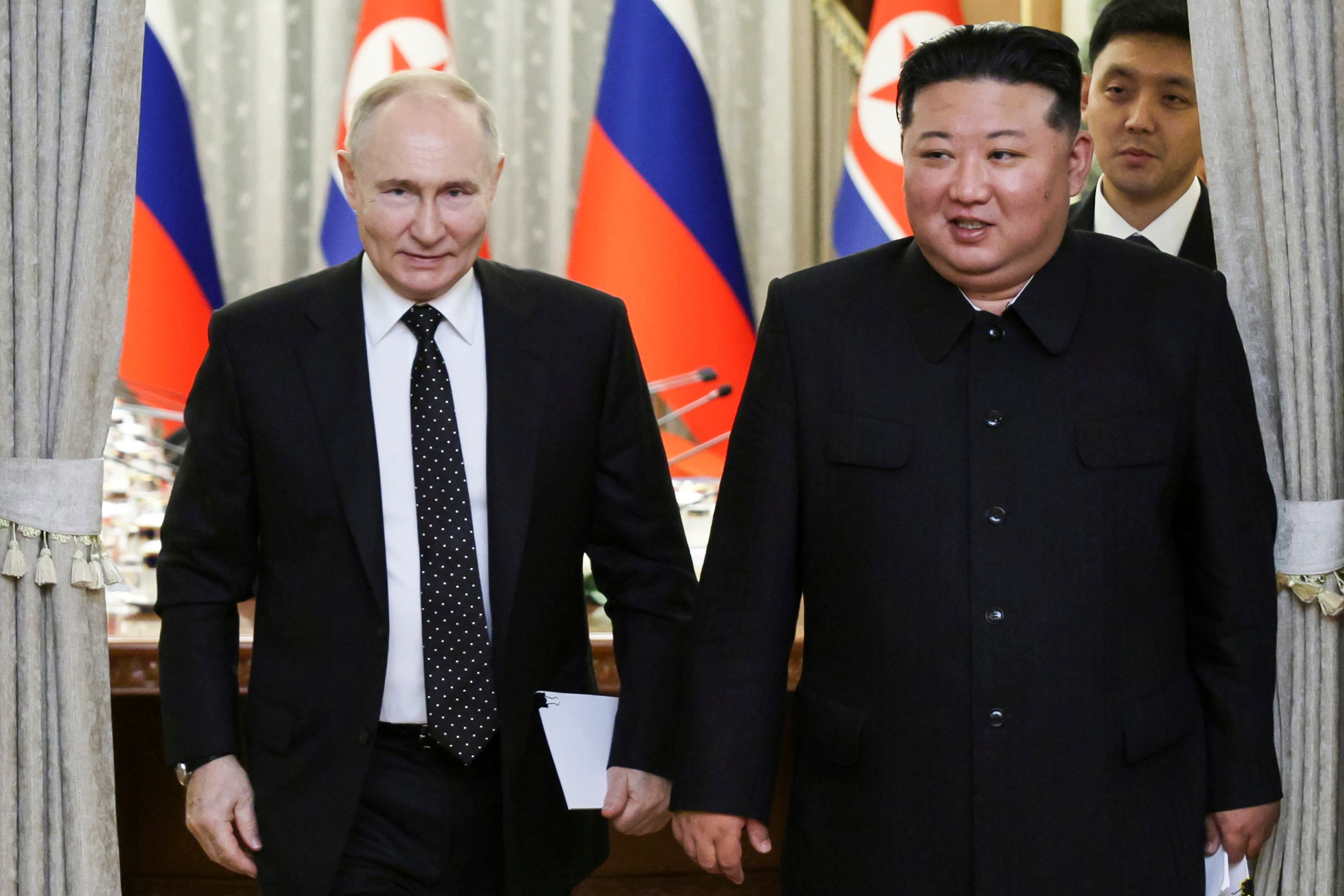 Russian President Vladimir Putin, left, and North Korea’s leader Kim Jong-un meet in Pyongyang, North Korea on Wednesday. Photo: Kremlin Pool via AP