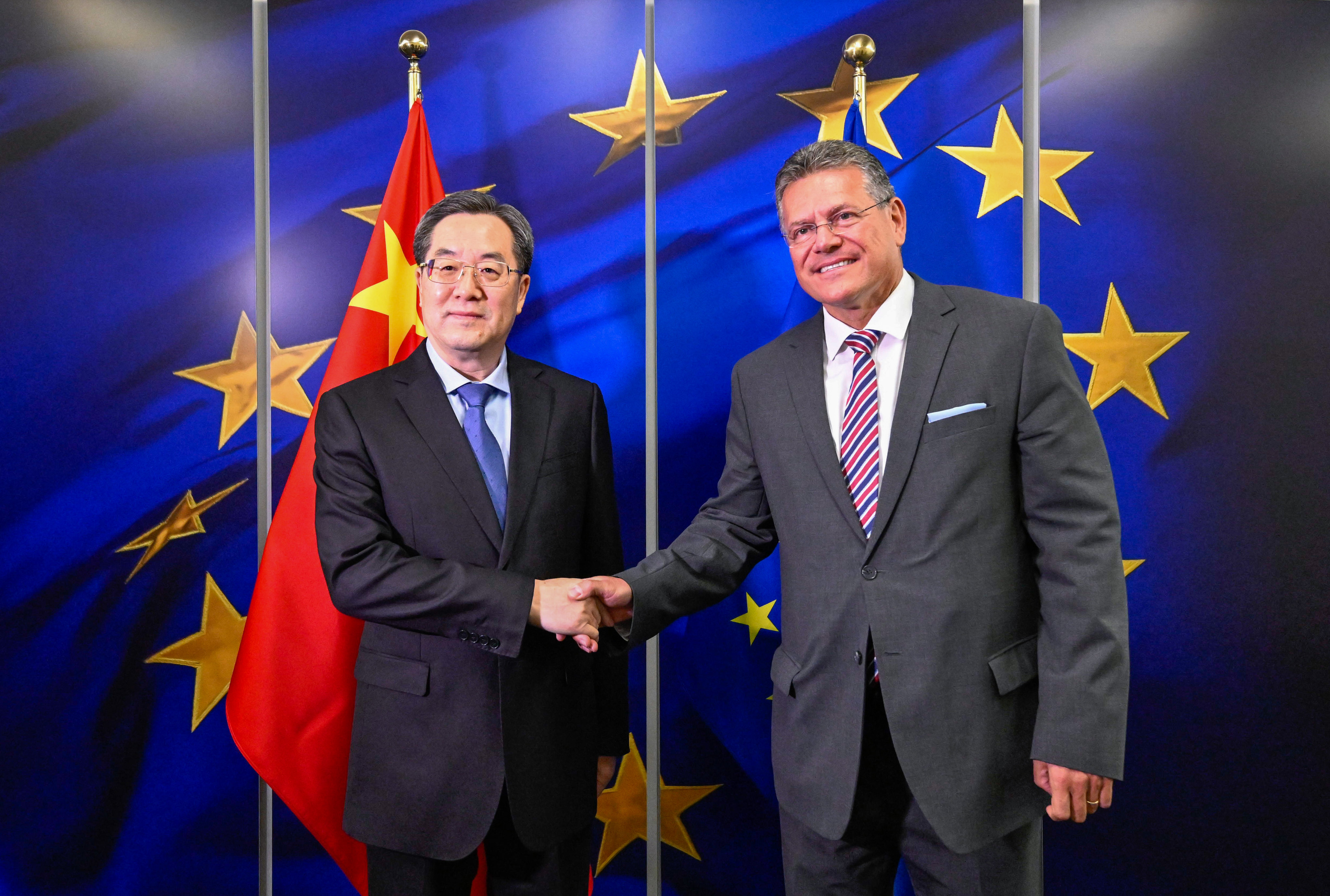 Chinese Vice-Premier Ding Xuexiang with Maros Sefcovic, European Commission executive vice-president, in Brussels on Tuesday. Photo: Xinhua