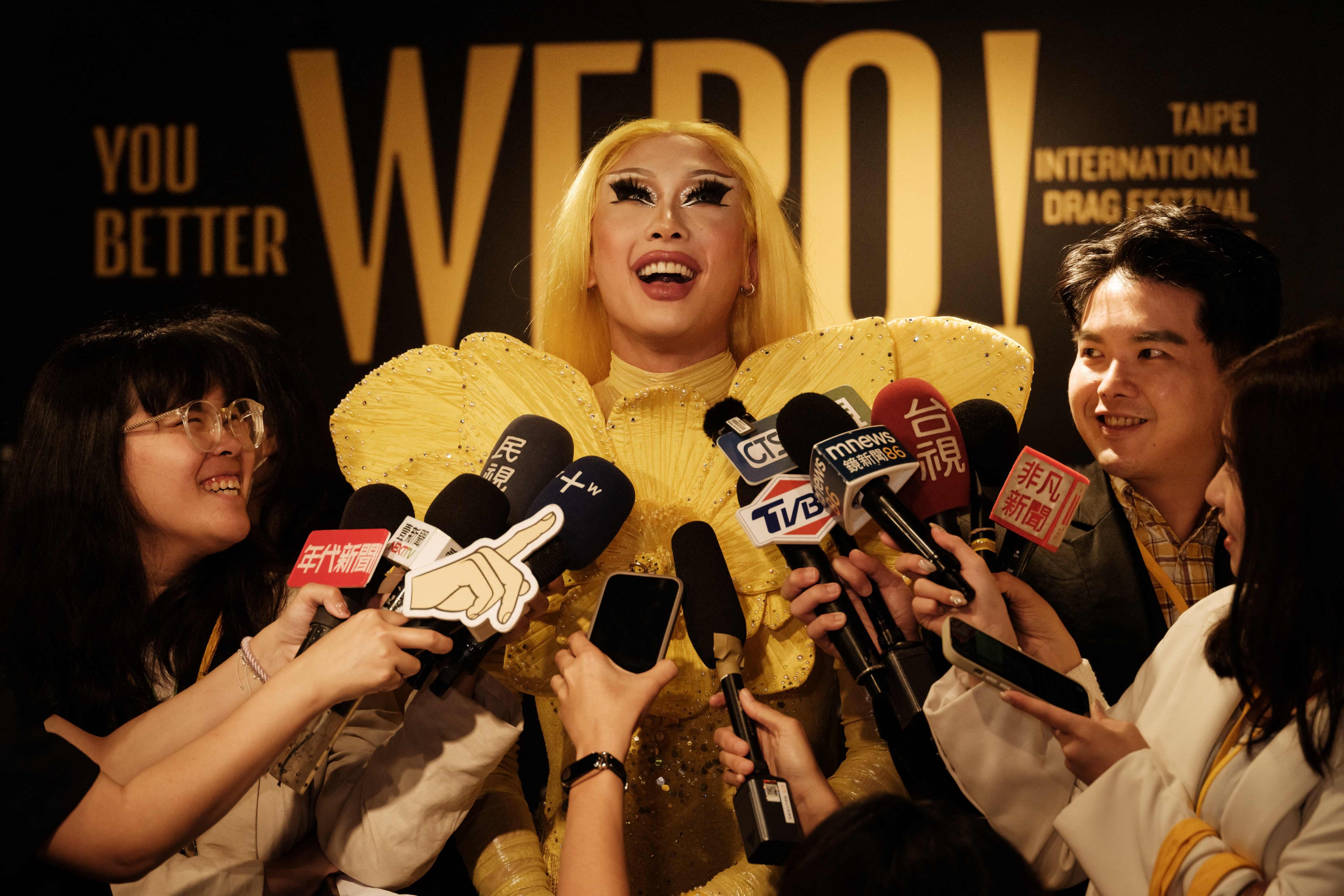 Taiwanese Drag queen Nymphia Wind talks to media before the Second Taipei International Drag Festival in Taipei in May. Photo: CHIBA / AFP