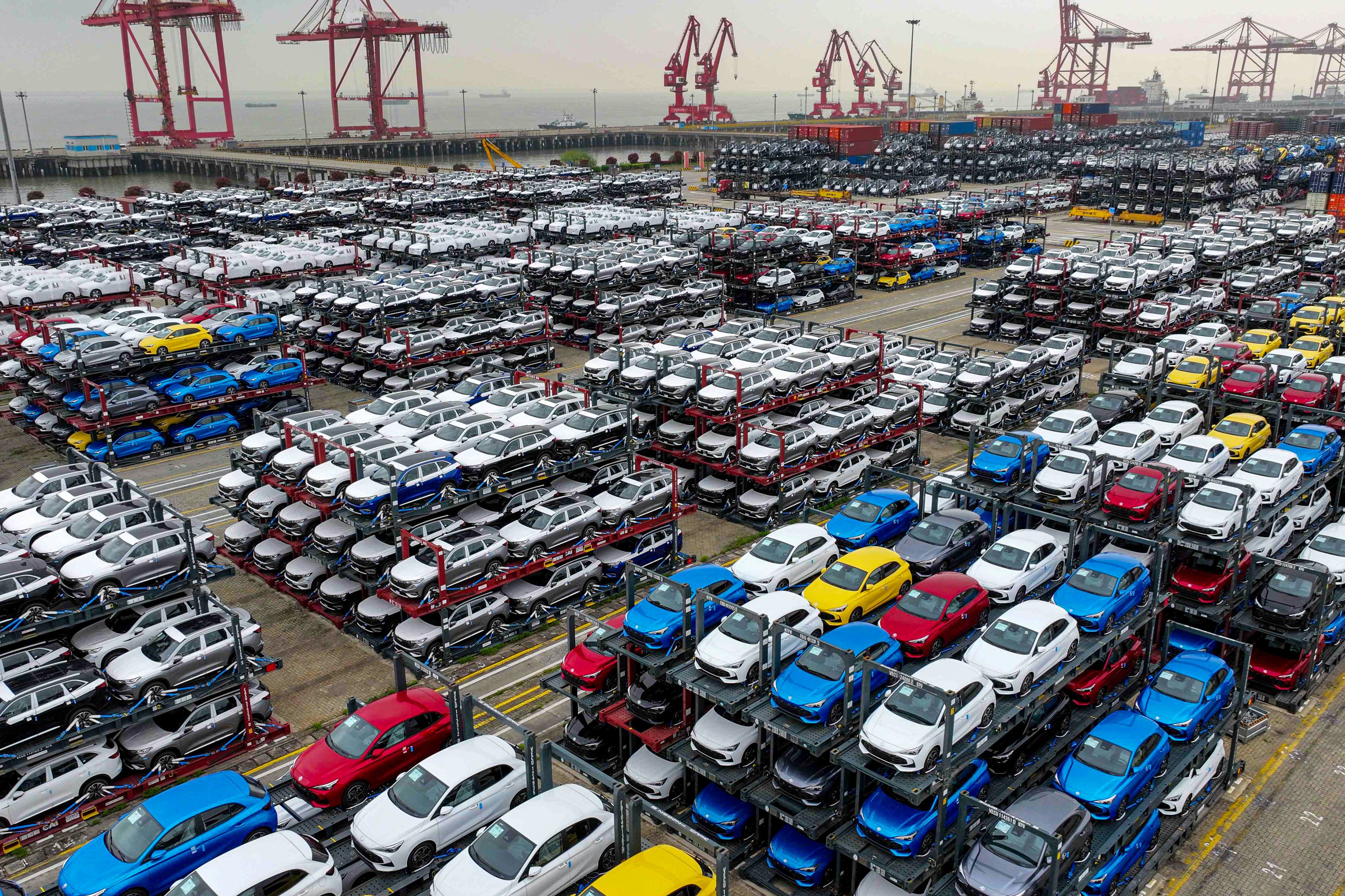 Electric cars for export stacked at the international container terminal of Taicang Port in Suzhou, in China’s eastern Jiangsu Province. Photo: AFP