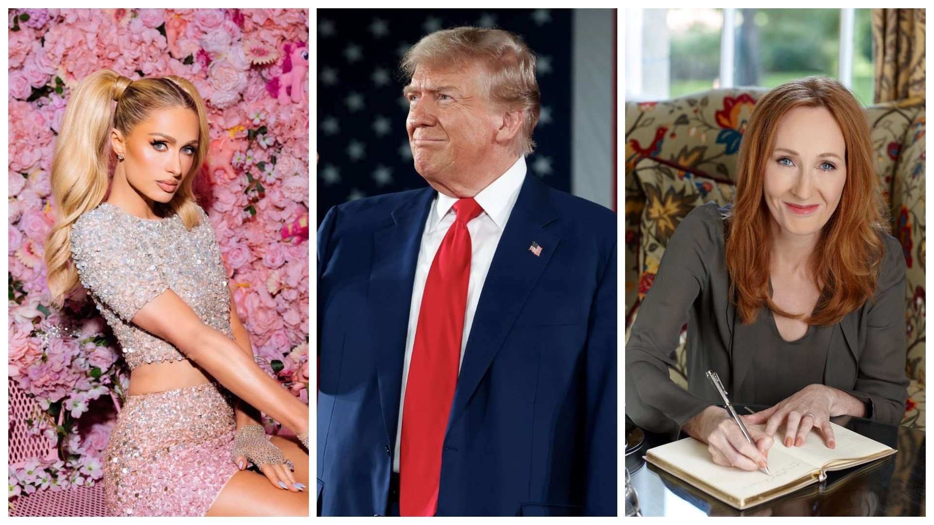 Paris Hilton, Donald Trump, J.K. Rowling. Photo:@parishilton/Instagram, @realdonaldtrump/Instagram, @Mofoman360/X