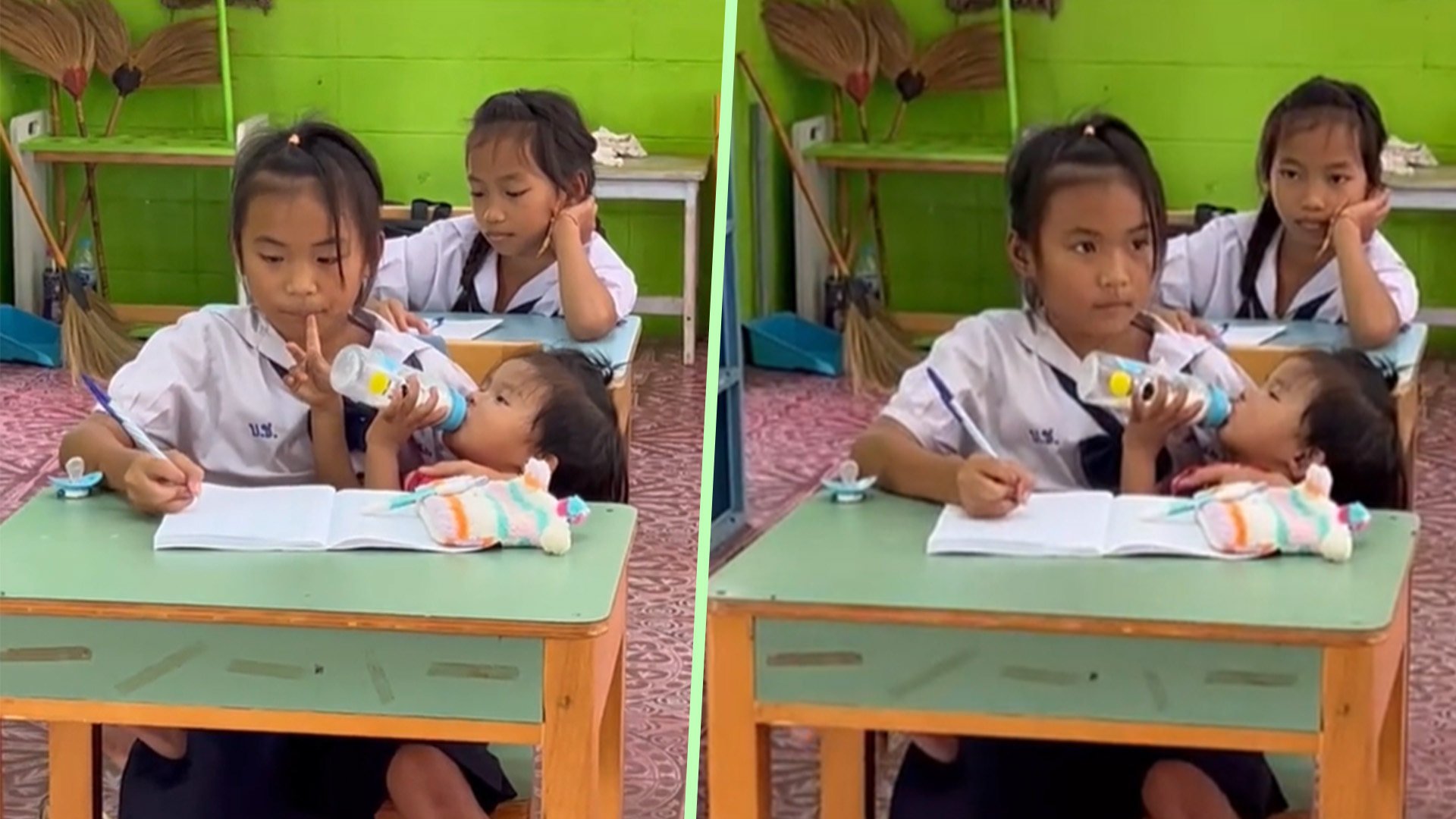 A 10-year-old girl in Thailand has melted hearts on social media after a video emerged of her feeding her baby sister milk while she took notes during class time. Photo: SCMP composite/TikTok
