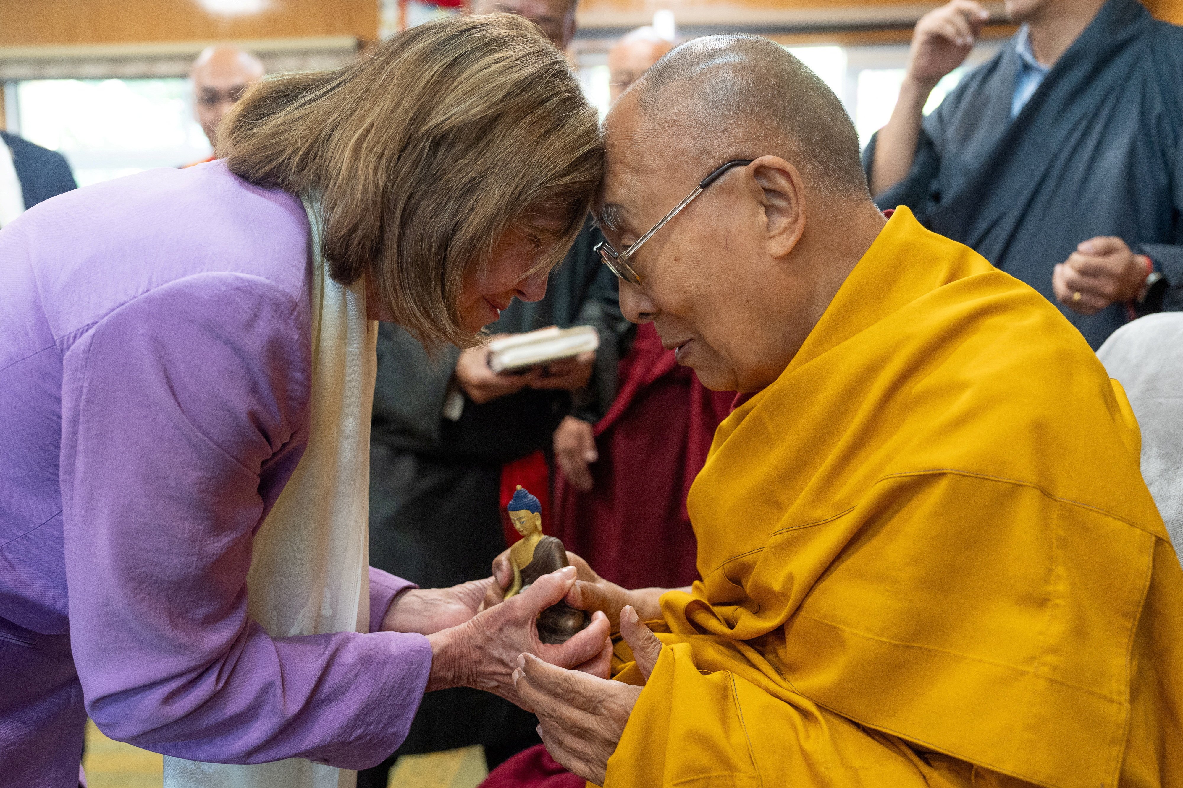 The Dalai Lama exchanges greetings with former US House speaker Nancy Pelosi during their meeting at Dharamshala, Himachal Pradesh, India, on Wednesday. Photo: Office of His Holiness the Dalai Lama via Reuters