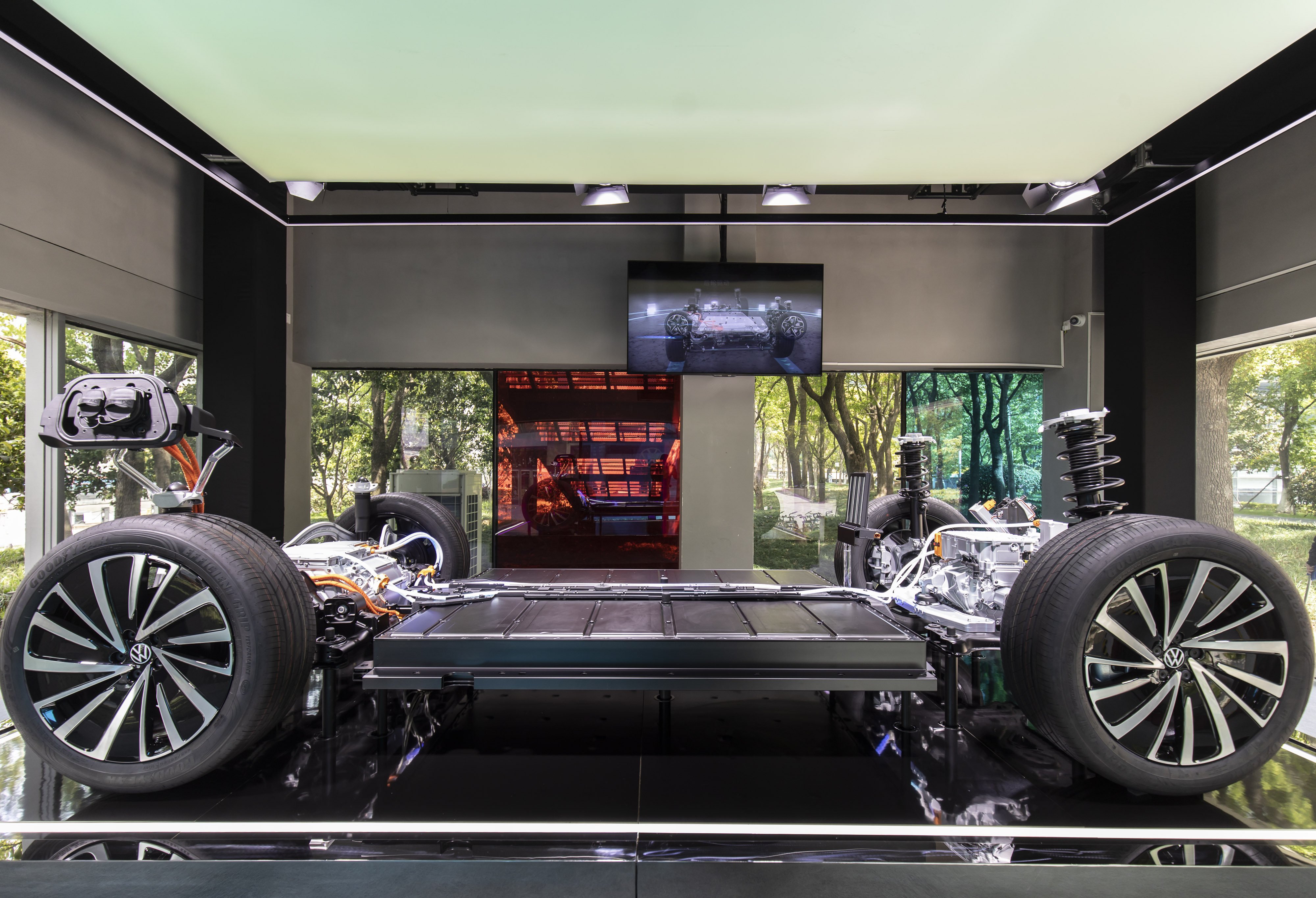 Volkswagen’s Modular Electric Drive Matrix (MEB), on display in Shanghai on April 18, 2021. Photo: Bloomberg