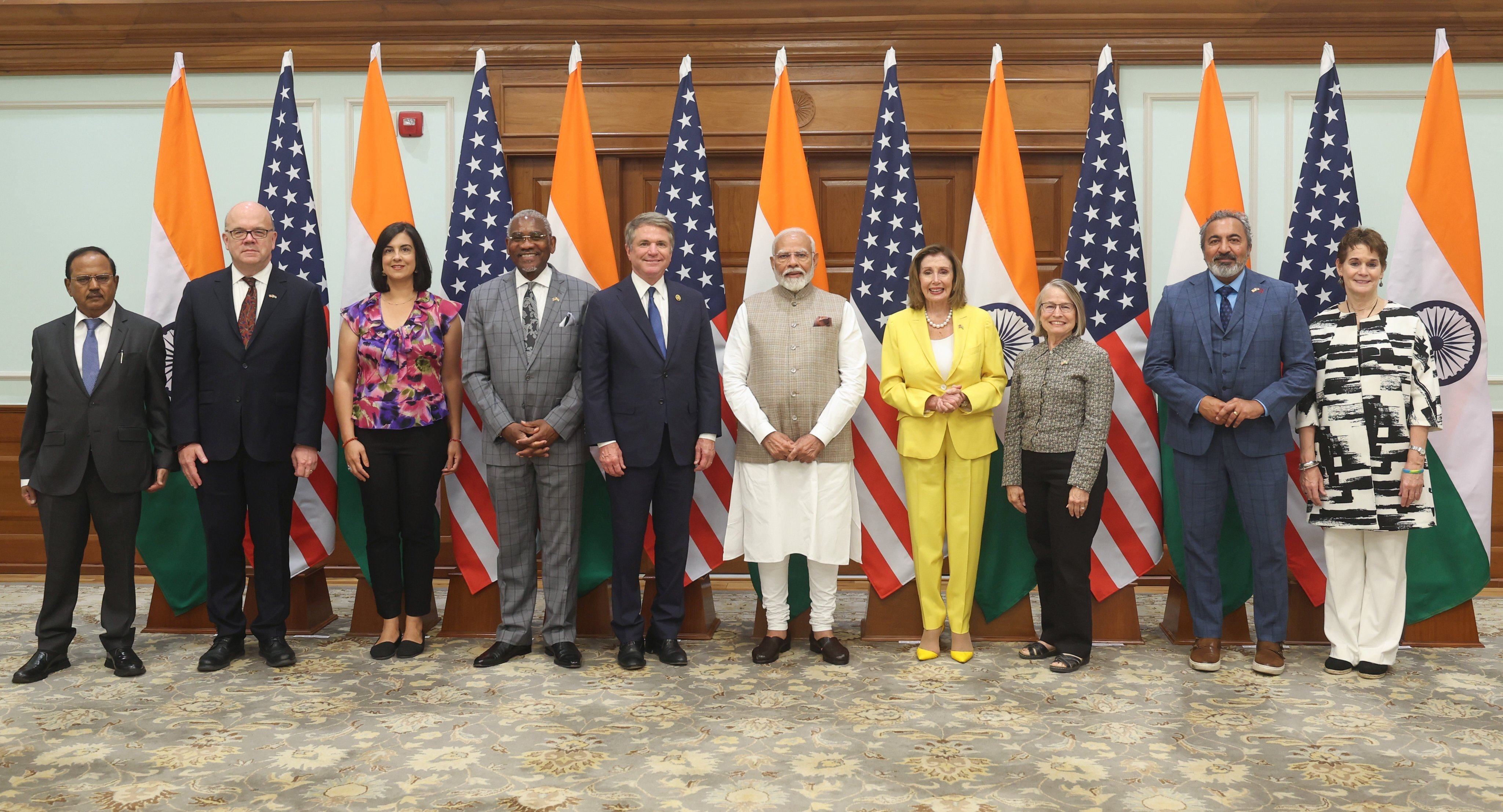 Indian Prime Minister Narendra Modi (centre) poses with former House speaker Nancy Pelosi (on his left) and chairman of the House Foreign Affairs Committee Michael McCaul (on his right). Photo: Twitter/@narendramodi