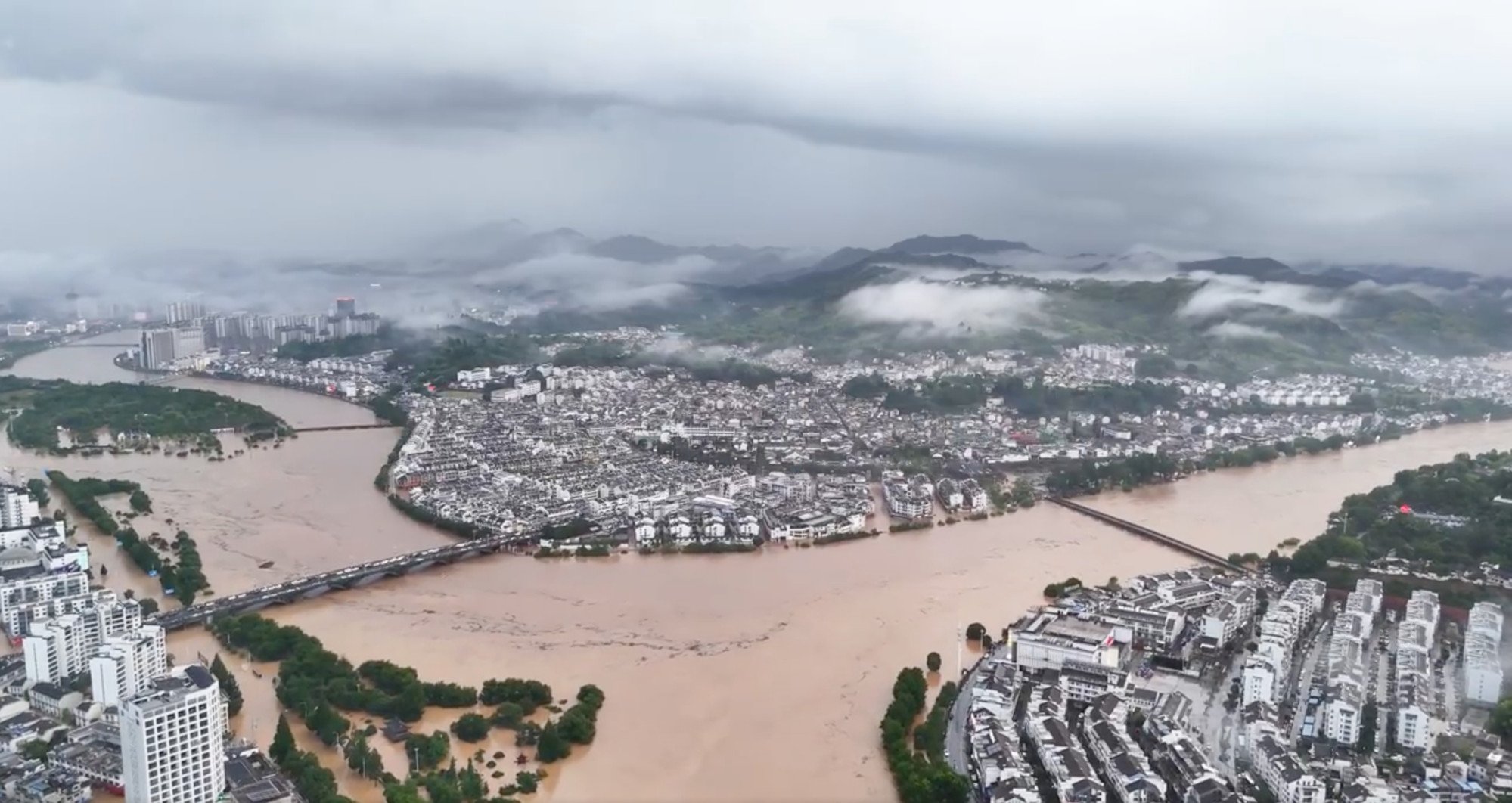 An aerial view of the swollen river in Huangshan, in eastern China’s Anhui province on Thursday. Photo: Weibo
