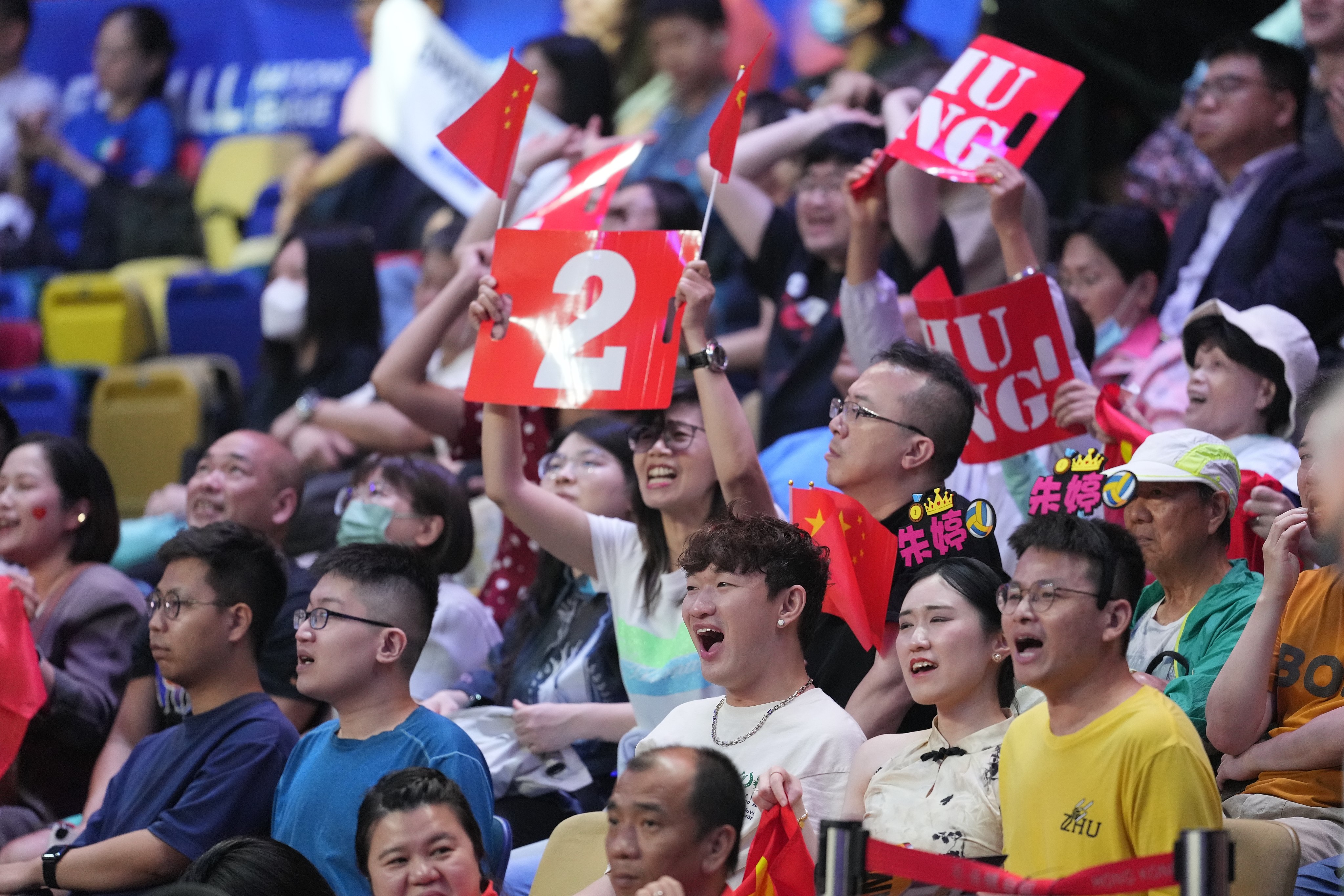Supporters of the Chinese women’s volleyball team cheering at the Volleyball Nations League match in Hong Kong between China and Bulgaria on June 11. Photo: Elson Li