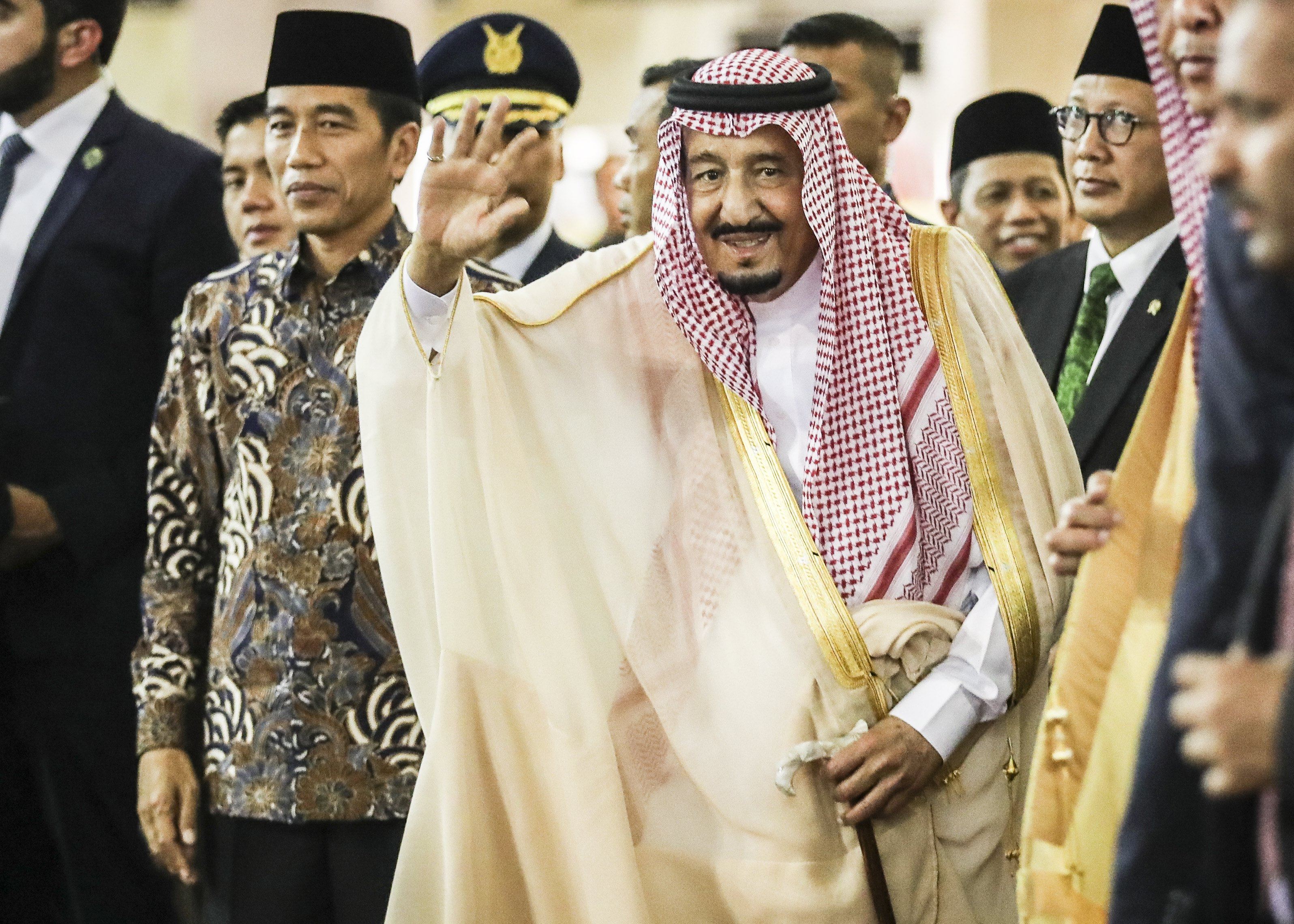 Saudi Arabia’s King Salman bin Abdulaziz waves alongside Indonesian President Joko Widodo during a visit to Jakarta in 2017. Photo: EPA/EFE