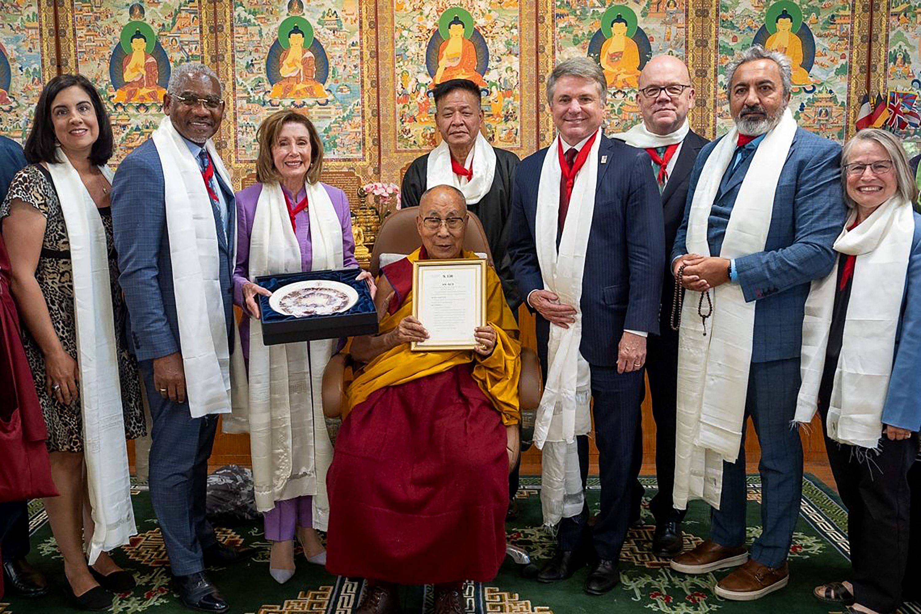 Senior US lawmakers including former House speaker Nancy Pelosi pose with Tibetan spiritual leader Dalai Lama at his residence in Dharamsala. Photo: Handout via AFP