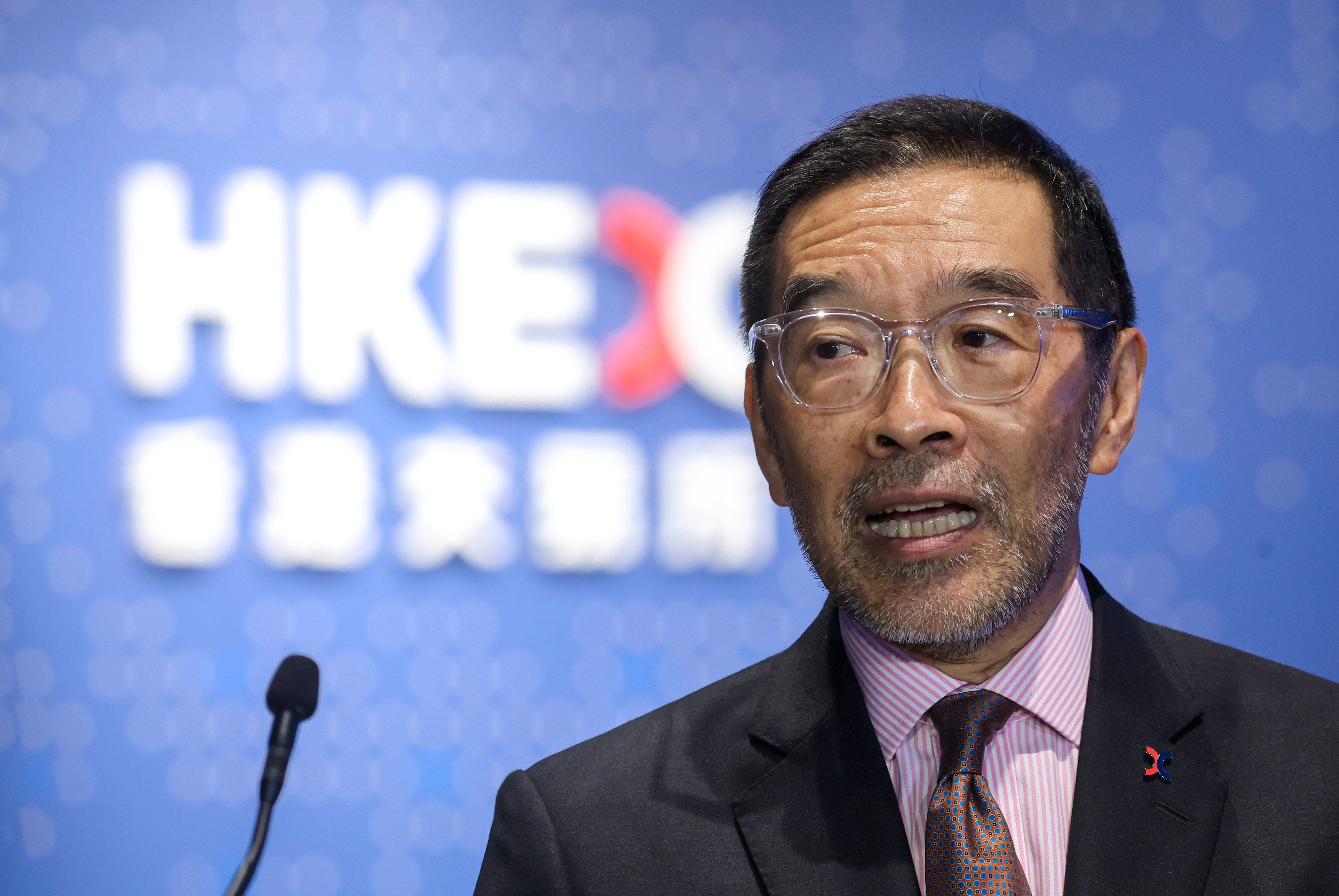Carlson Tong, chairman of Hong Kong Exchanges and Clearing, meets the media at Exchange Square in Hong Kong on June 21, 2024. Photo: Edmond So