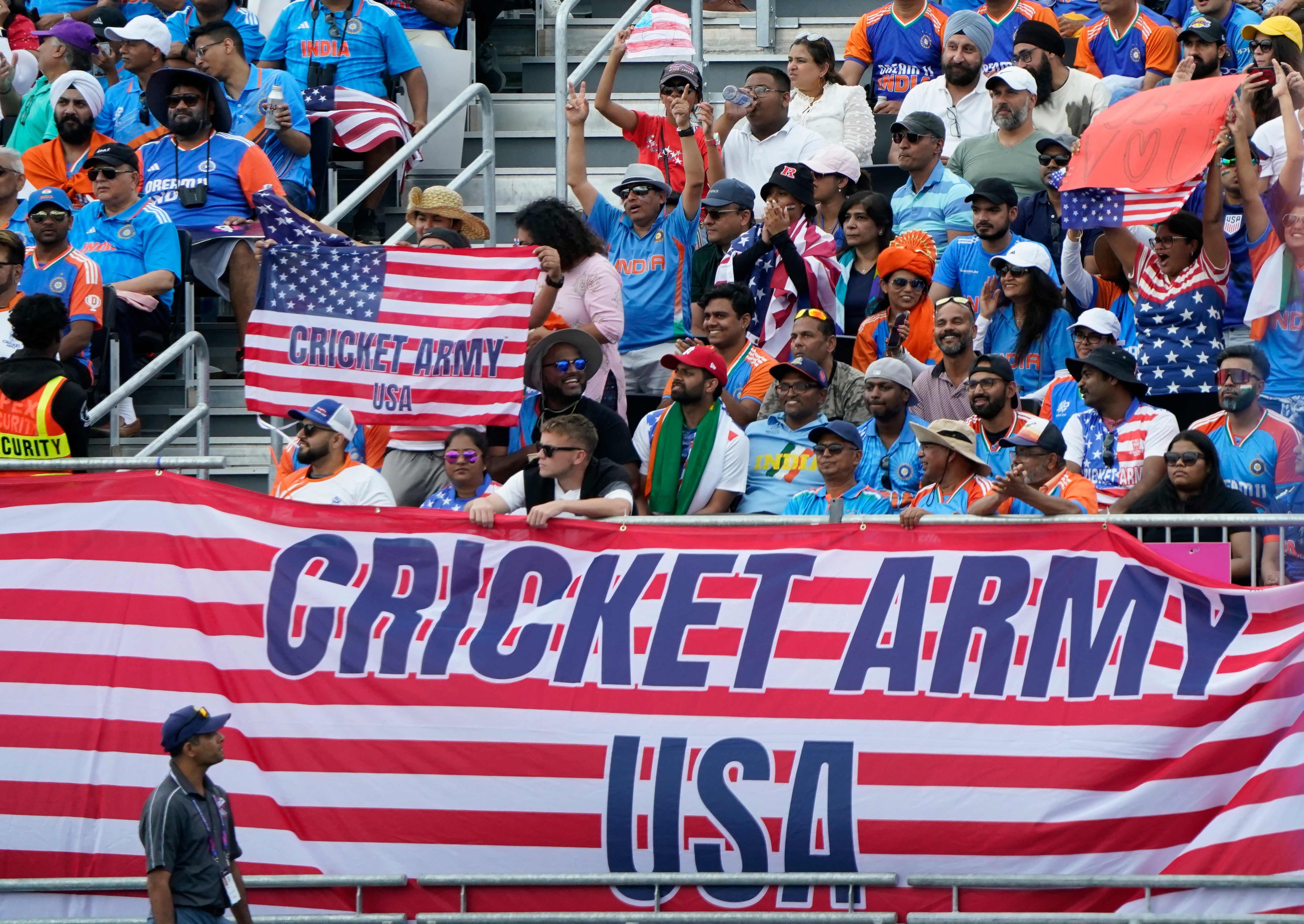 US fans cheer during the ICC men’s Twenty20 World Cup 2024 group A cricket match between the United States and India at Nassau County International Cricket Stadium in East Meadow, New York on June 12. Photo: AFP