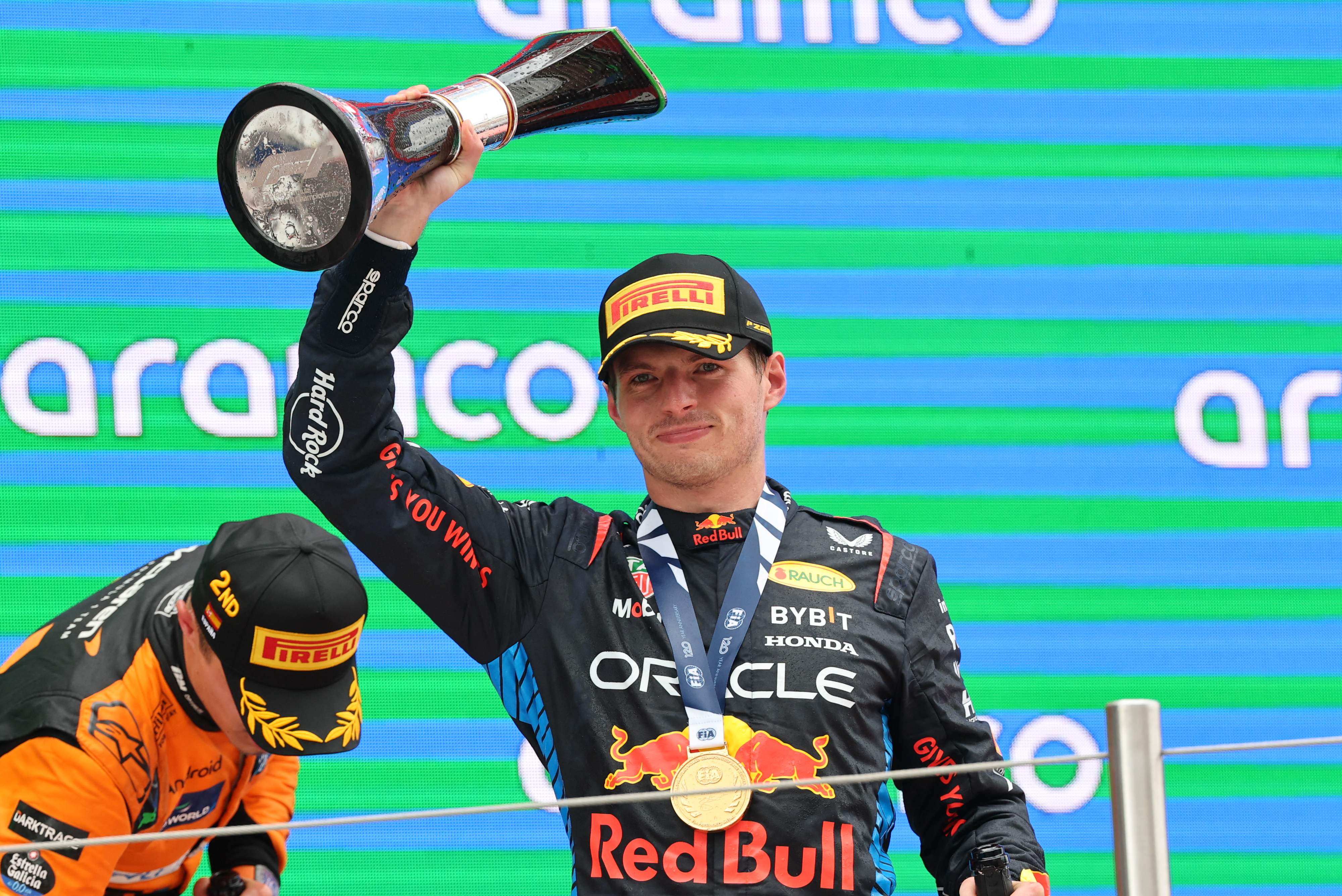 Red Bull’s Dutch driver Max Verstappen celebrates on the podium after winning the Spanish Formula One Grand Prix on Sunday. Photo: AFP