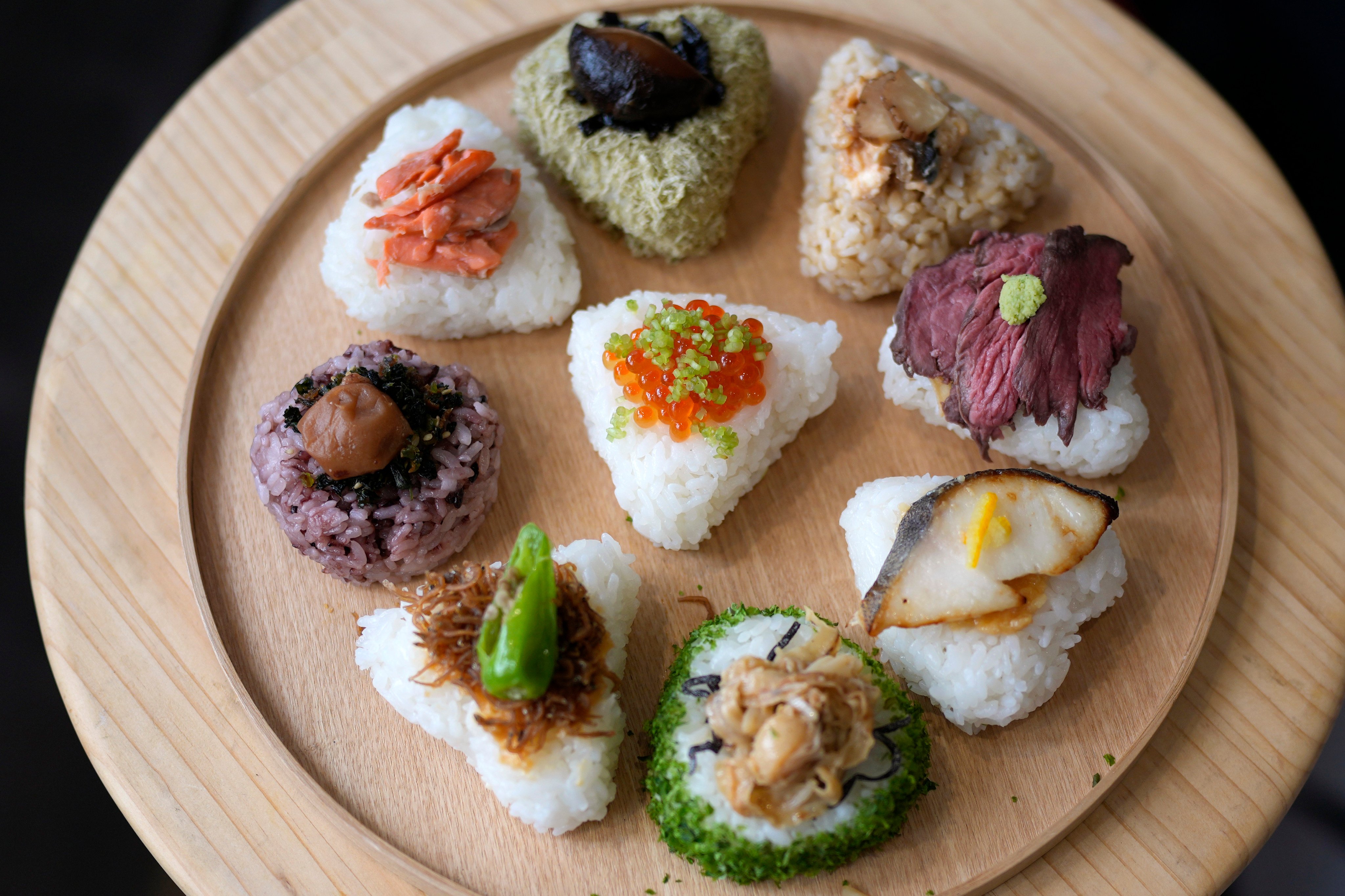 A variety of onigiri rice balls on display at a shop in Tokyo. Photo: AP