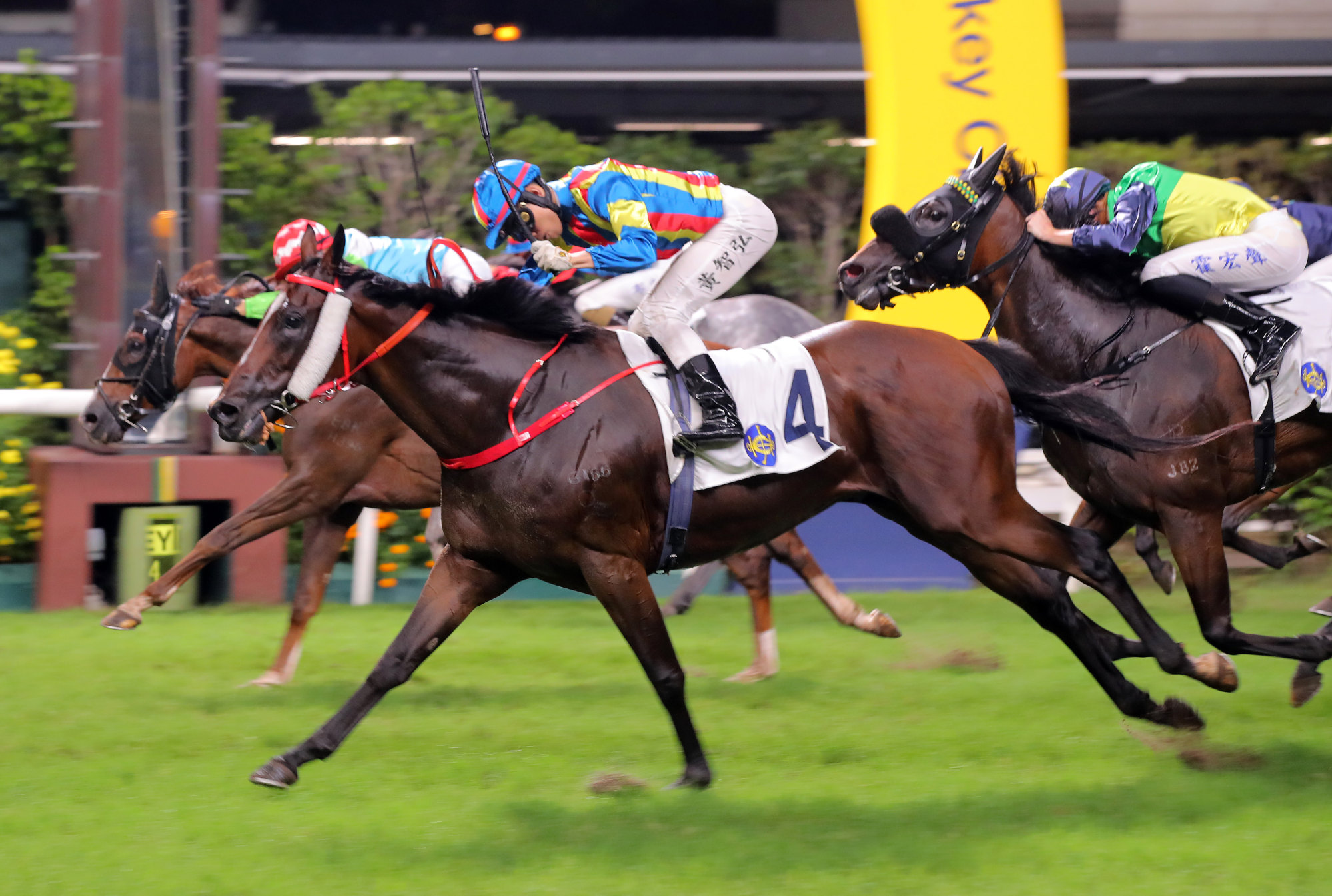 Ellis Wong guides Happy Fat Cat (4) to an upset win at Happy Valley.