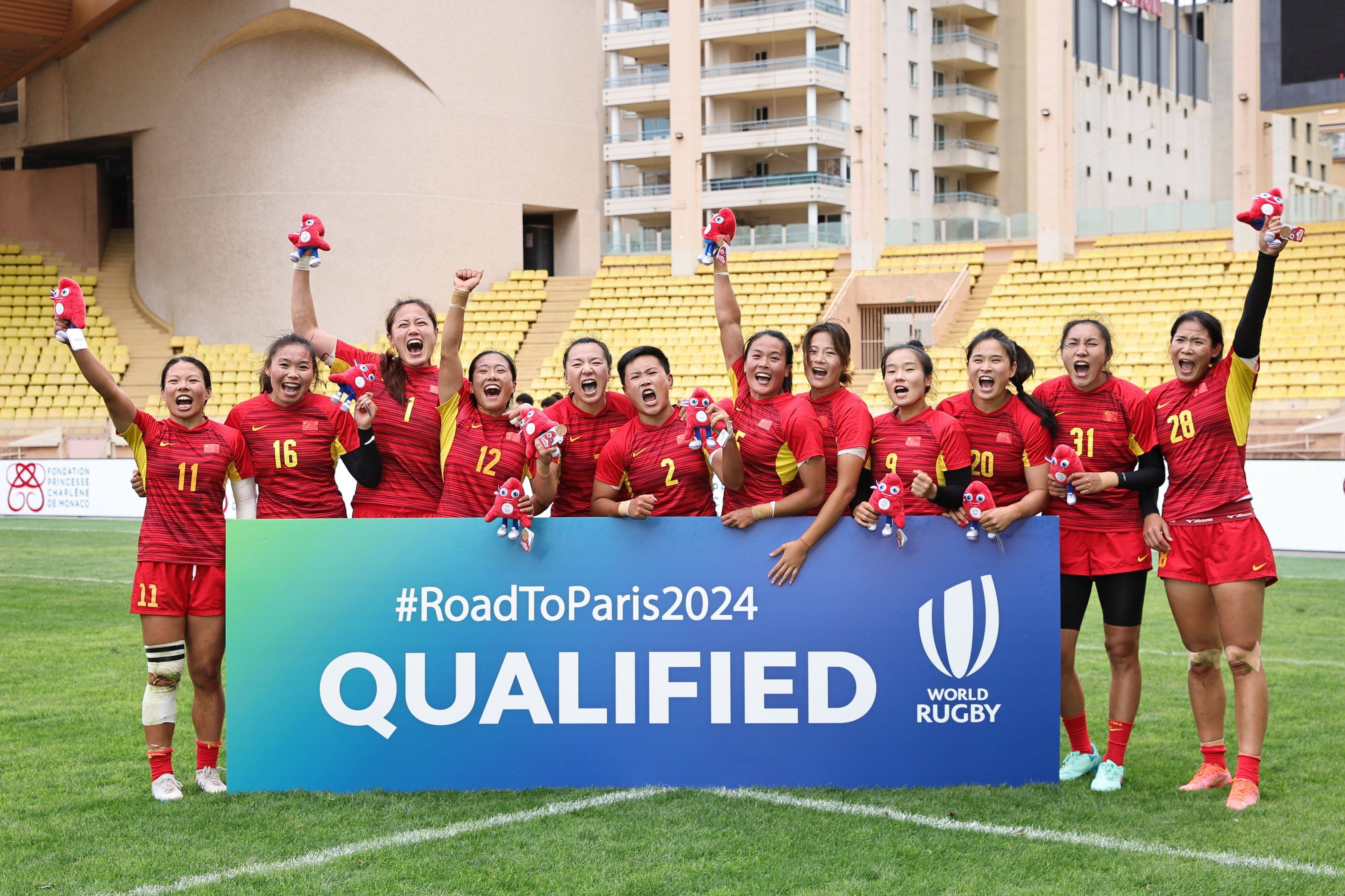 China’s women celebrate winning the World Rugby Sevens Repechage in Monaco. Photo: World Rugby

