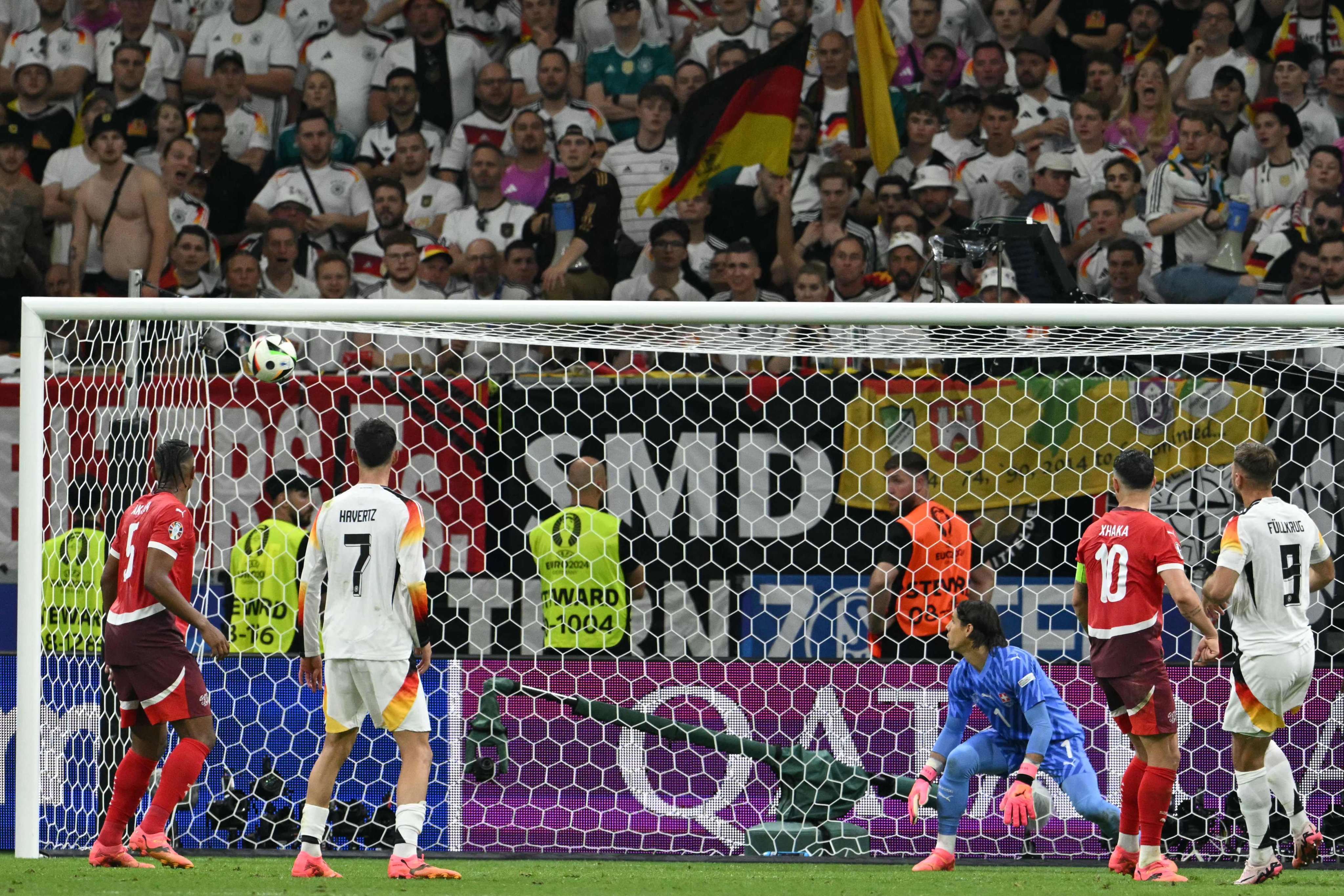 Germany’s Niclas Fuellkrug scores the equalising goal during the Euro 2024 match against Switzerland in Germany on Sunday. Photo: AFP